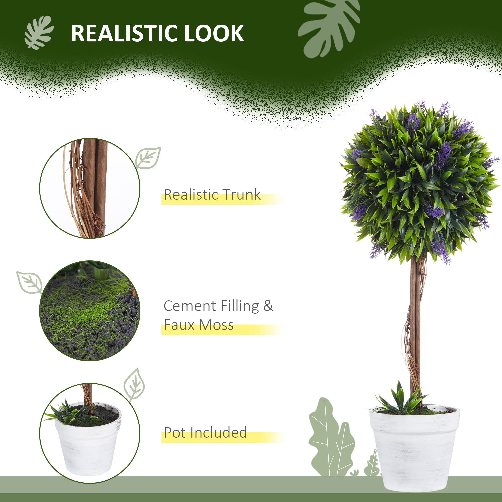 HOMCOM Set of 2 Artificial Ball Trees with Lavender Flowers | 60cm Height | Indoor/Outdoor Use 3