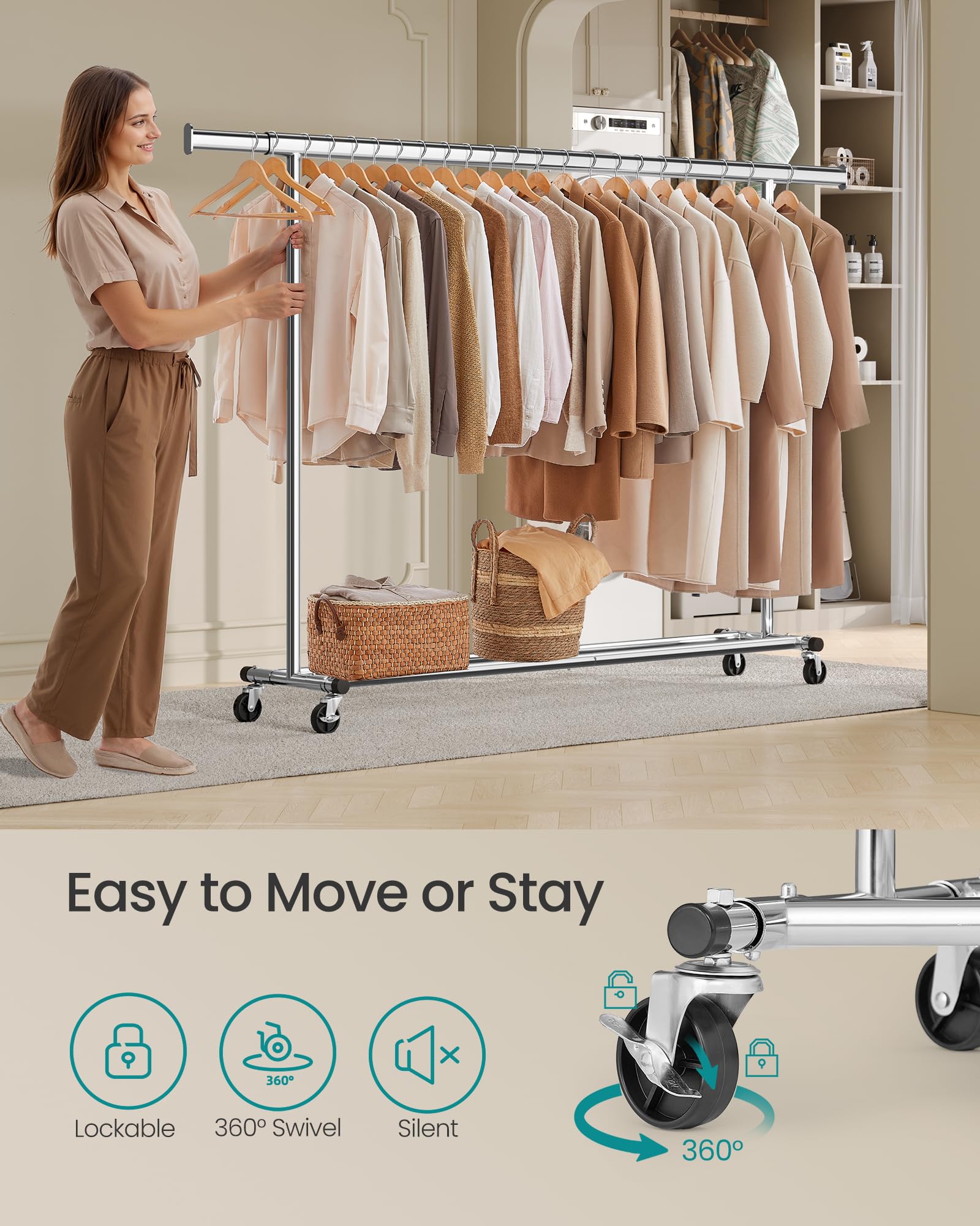 SONGMICS Heavy Duty Clothes Rack on Wheels | 150 kg Capacity | Extendable 160-200 cm Rail | Silver 4