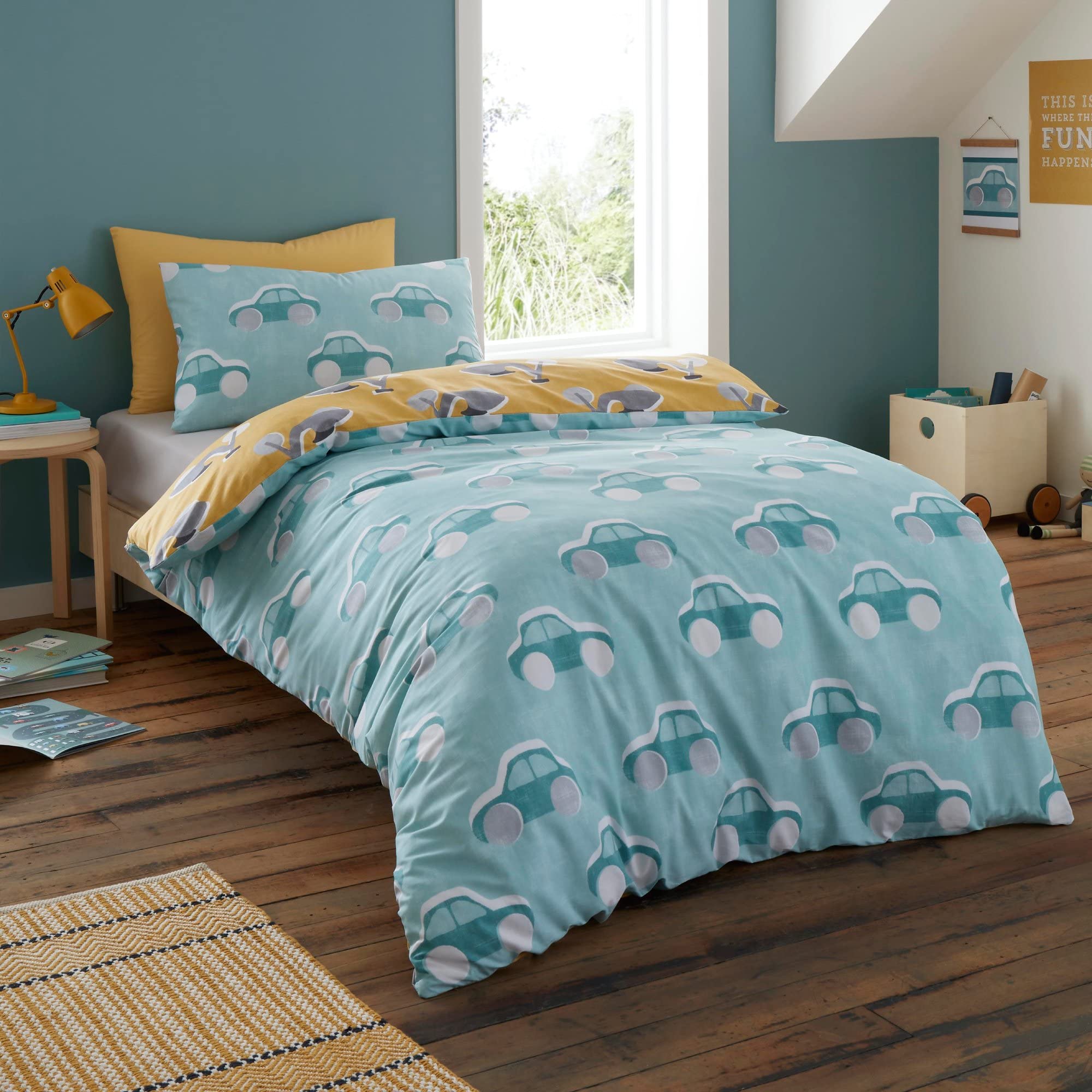 Bedlam Cool Cars Reversible Duvet Cover Set - 100% Cotton, Single Size (Duck Egg/Yellow) 1