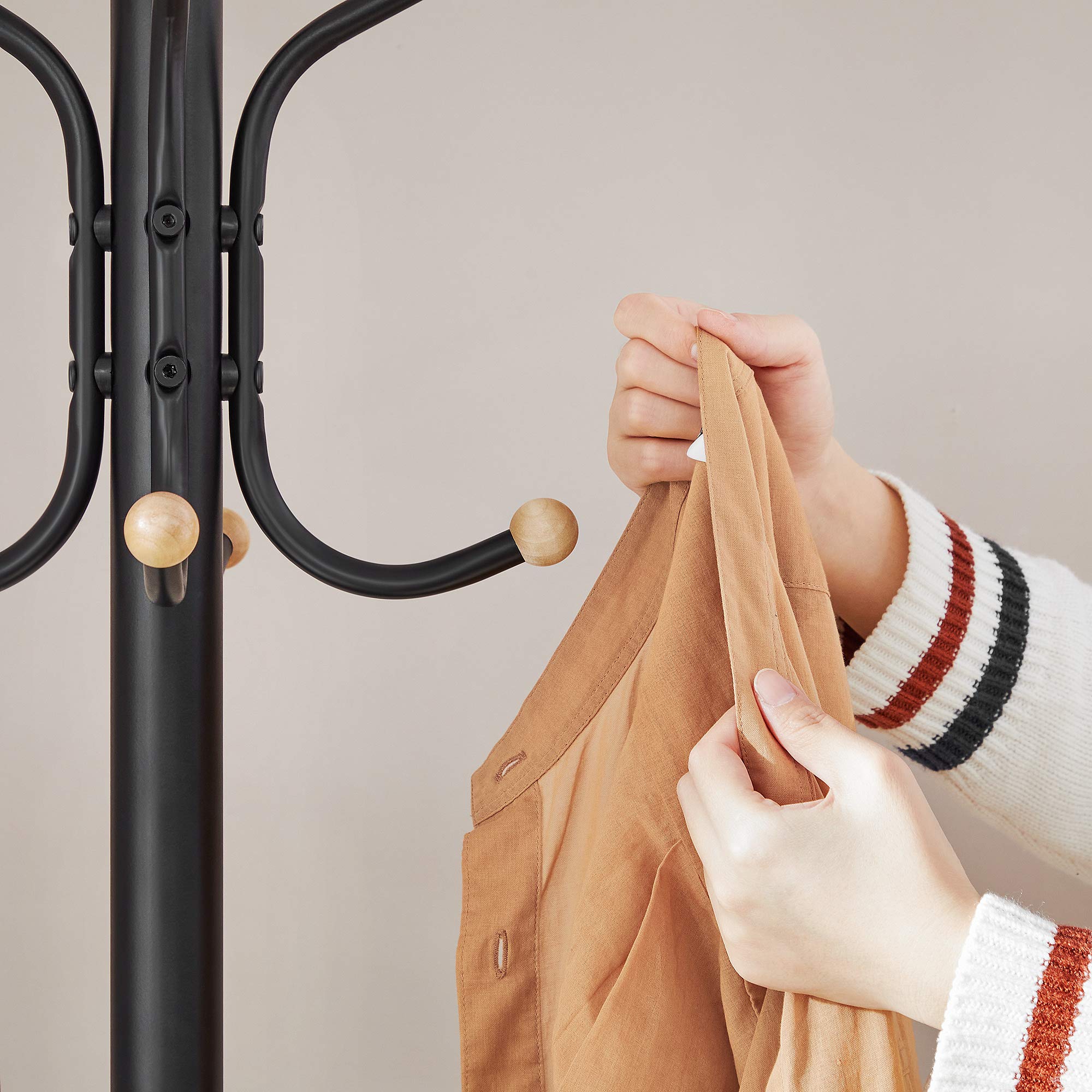 SONGMICS Metal Coat Rack Stand - Modern Tripod Style | 12 Hooks | Black Finish | 182cm Height 8