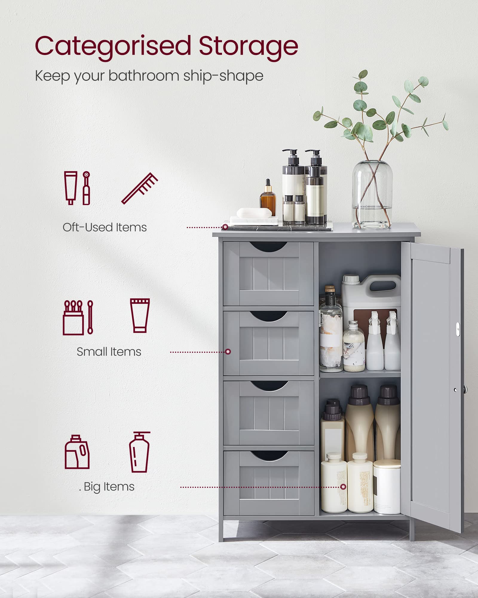 VASAGLE Bathroom Floor Storage Cabinet with 4 Drawers | Dove Grey | 30 x 55 x 82 cm 5