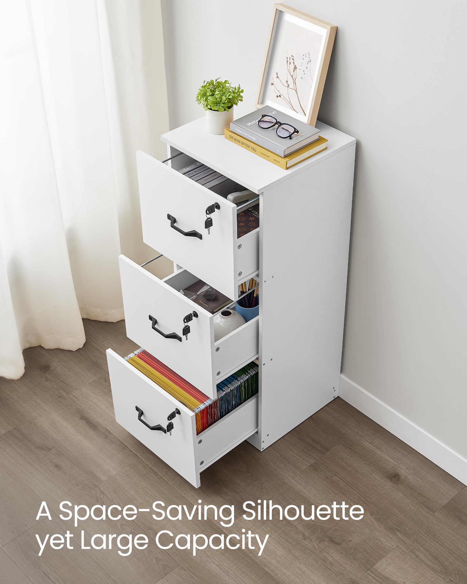 VASAGLE File Cabinet, Filing Cabinet for Home Office, Printer Stand, with 3 Lockable Drawers, Adjustable Hanging Rails, for A4 and Letter-Size Files, Cloud White OFC055W14 8