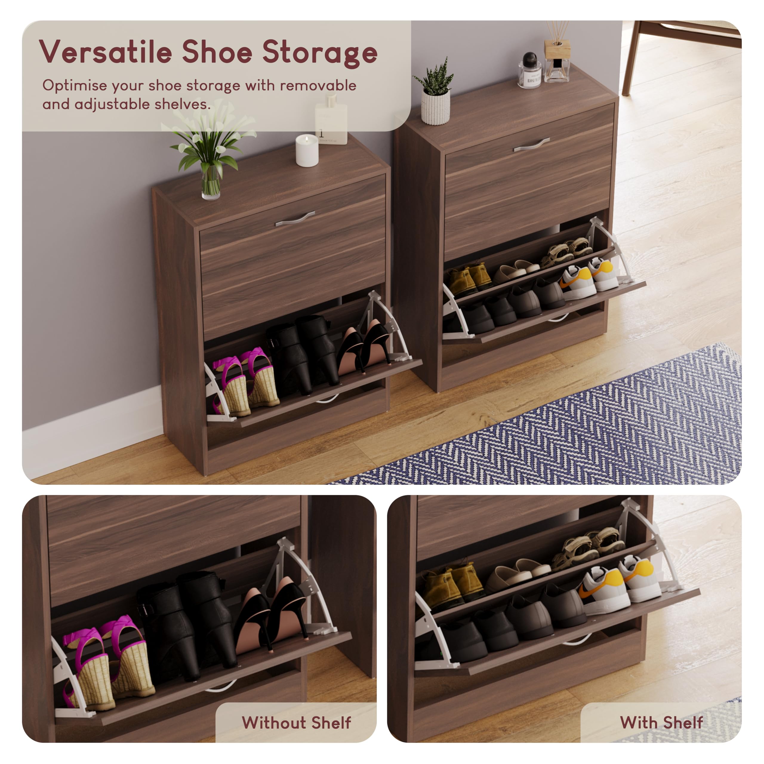 Vida Designs Wooden Shoe Cabinet - 2 Pull-Down Drawers | Slim Entryway Storage | Walnut 7