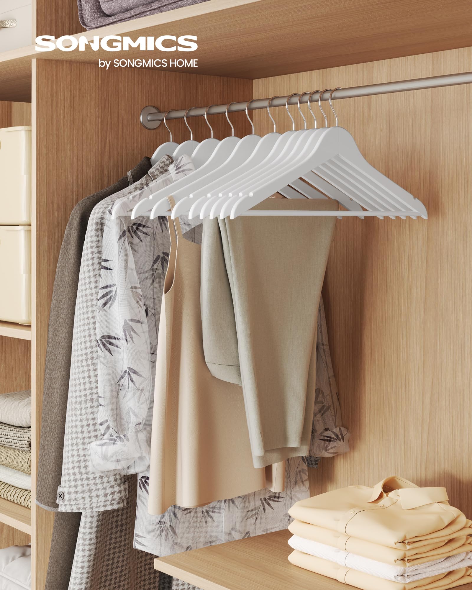 SONGMICS Wooden Hangers - 10 Pack Coat Hangers with Pants Bar | 5kg Capacity | Cloud White 2