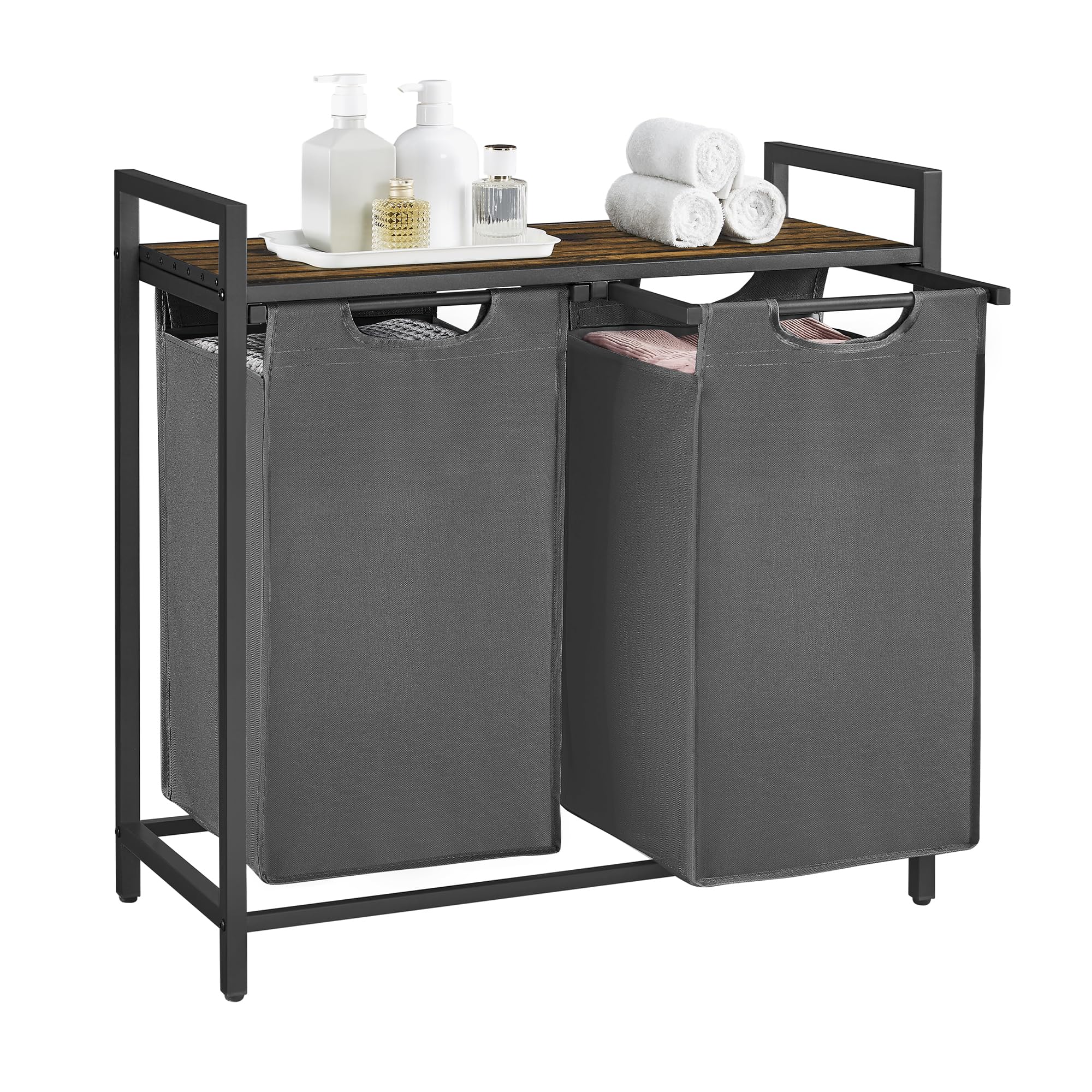 VASAGLE 2-Compartment Laundry Hamper with Shelf | 92 L Capacity | Rustic Brown & Grey