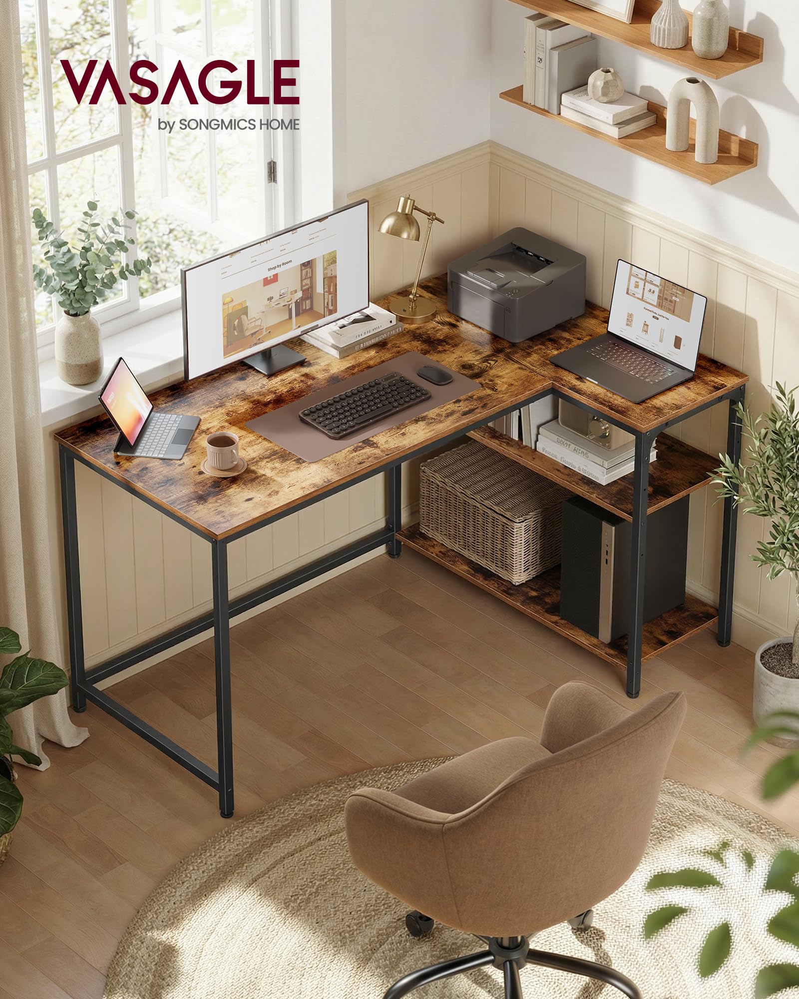 VASAGLE L-Shaped Computer Desk with Reversible Storage | 120 x 80 cm | Rustic Brown