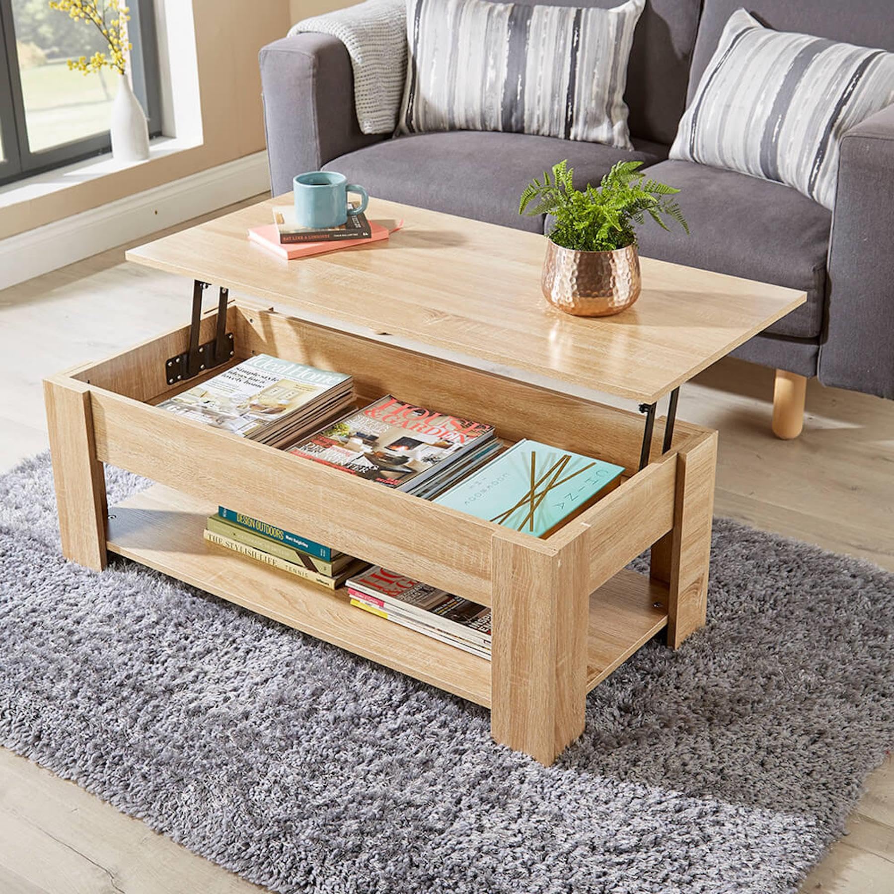 Home Source Modern Coffee Table with Lift Top Storage and Magazine Shelf | Oak Effect | 100cm 1
