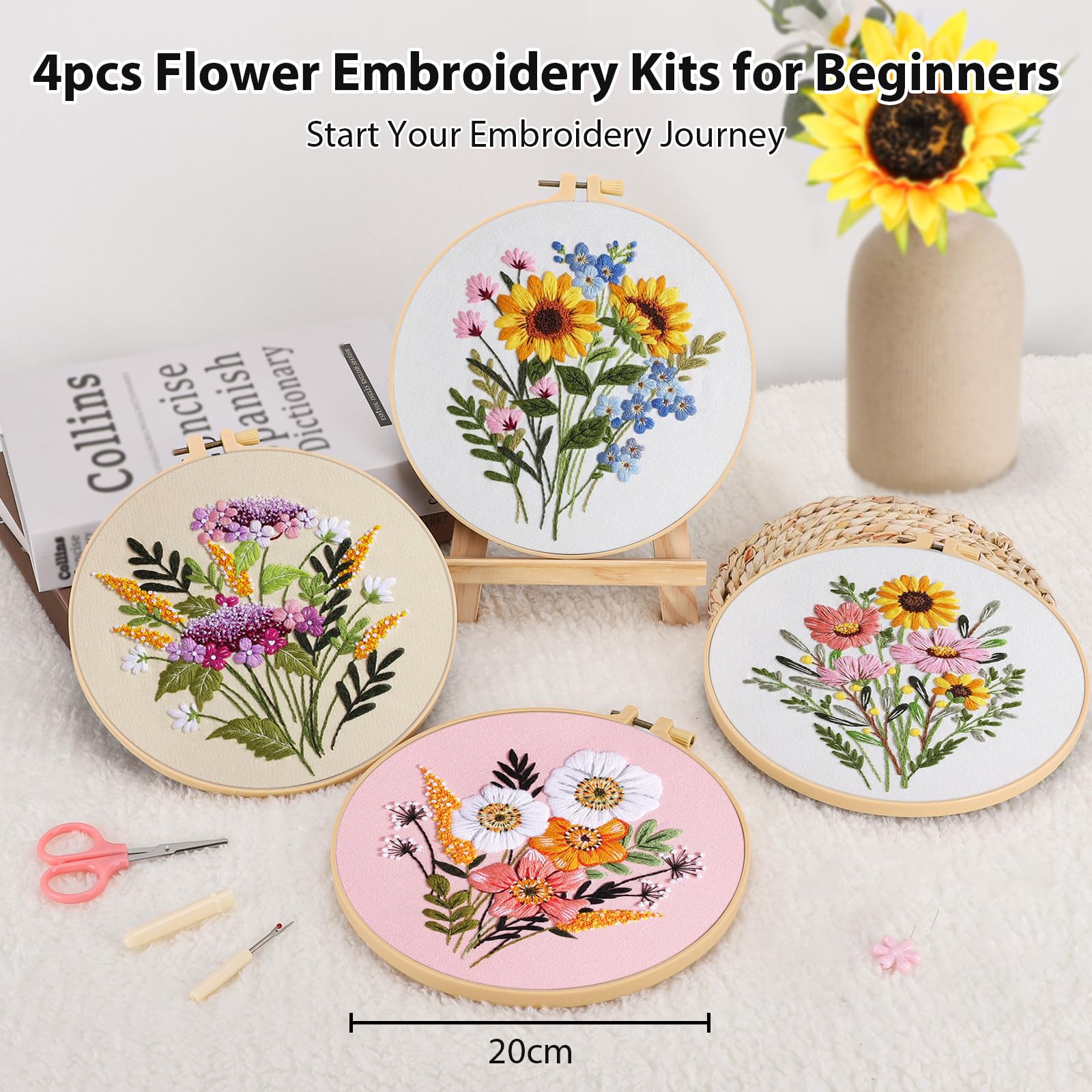 VynyQoo 4pcs Flower Embroidery Kits for Beginners Adults | Includes Hoop, Thread, Needles & Video Tutorial 7