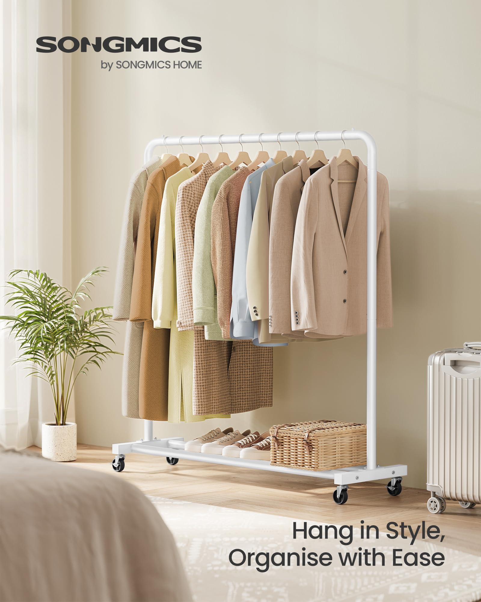 SONGMICS Clothes Rack on Wheels - 110cm Wide, 50kg Capacity, Matte White Steel 2