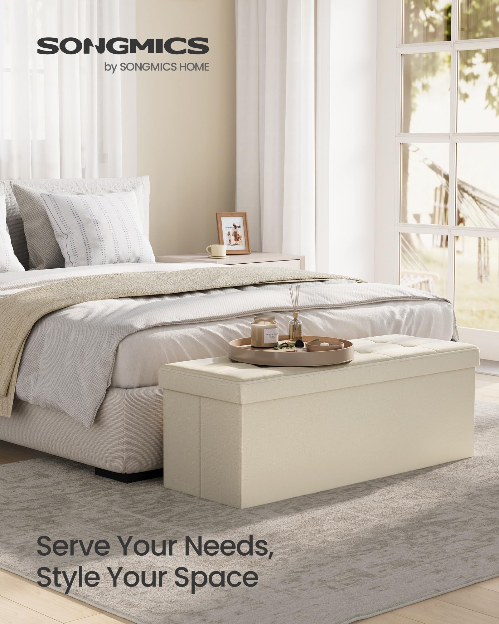 SONGMICS MAZIE Storage Ottoman Bench - 110 cm Folding Foot Rest | 300 kg Capacity | Cream White 3