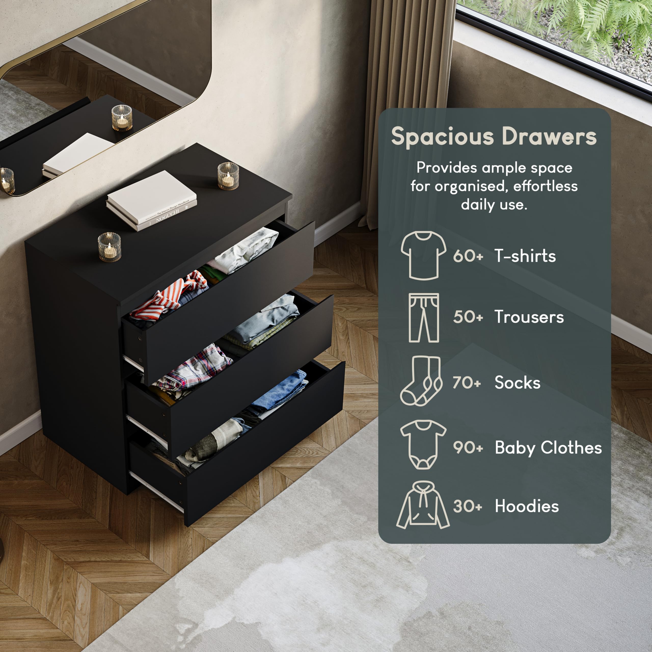 Vida Designs Denver 3 Drawer Chest of Drawers - Black | 70W x 40D cm | Engineered Wood 4