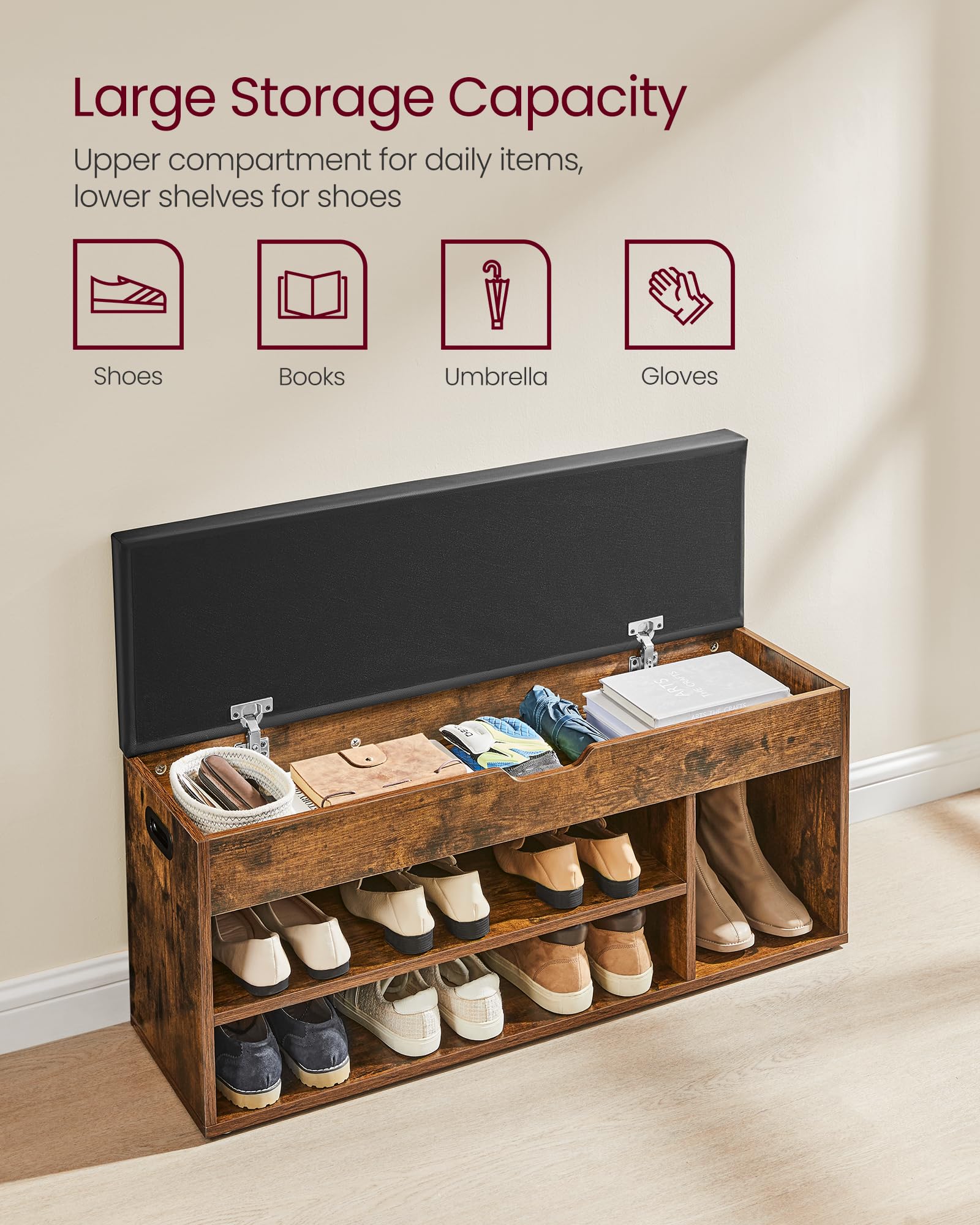VASAGLE Shoe Storage Bench with Padded Seat | 3 Compartments | 150 kg Capacity | Rustic Brown 5