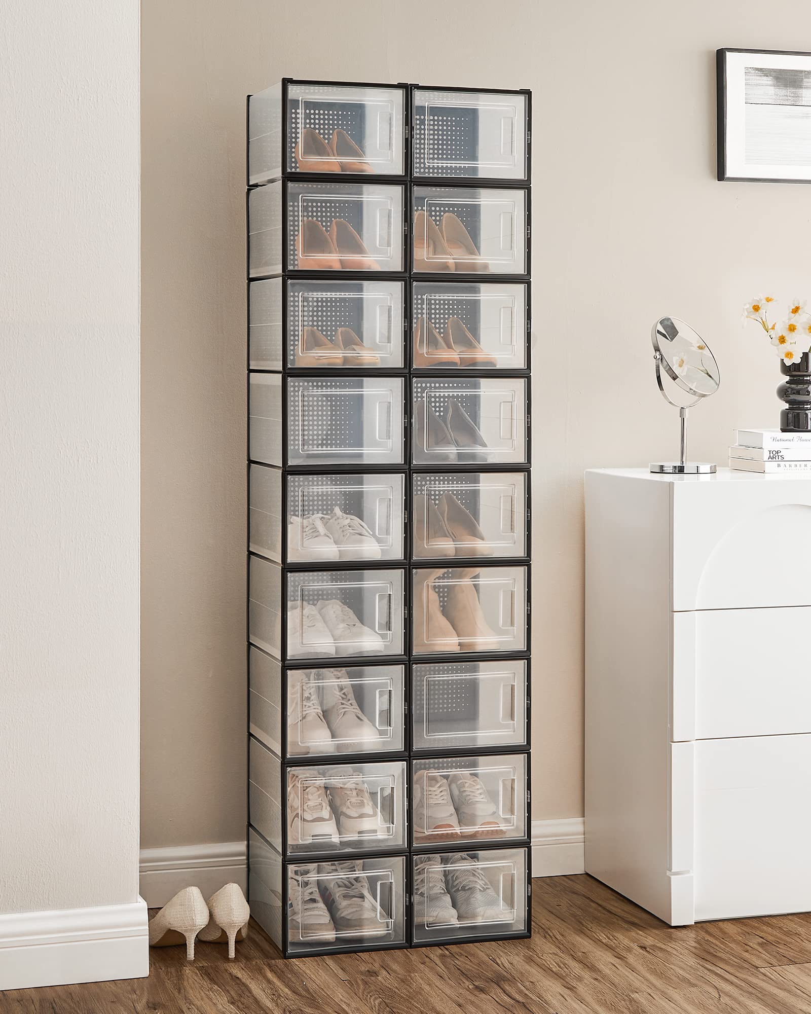 SONGMICS Shoe Boxes - Pack of 18 Stackable Storage Organisers | Fits UK Size 11 | Transparent 3