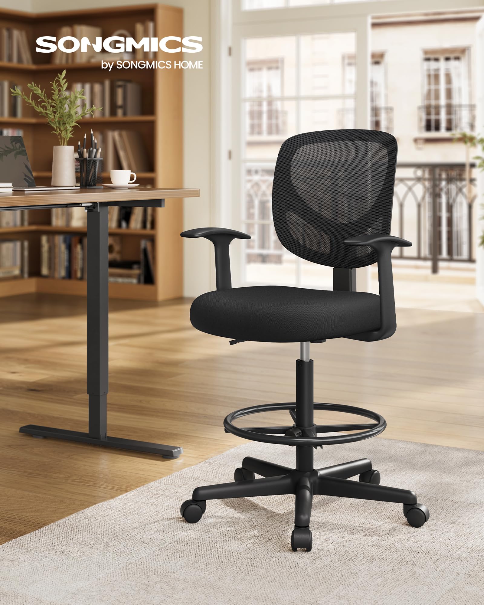 SONGMICS Drafting Stool Chair - Ergonomic Mesh, Height Adjustable Footrest, 360° Swivel | Black
