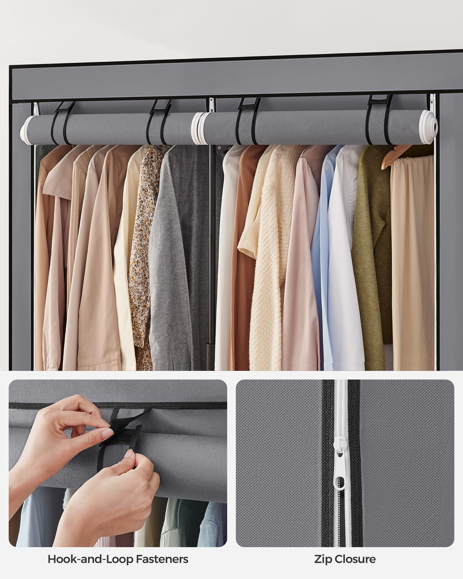 SONGMICS Portable Foldable Closet Wardrobe with 2 Hanging Rails | Grey | 140x43x174cm 8