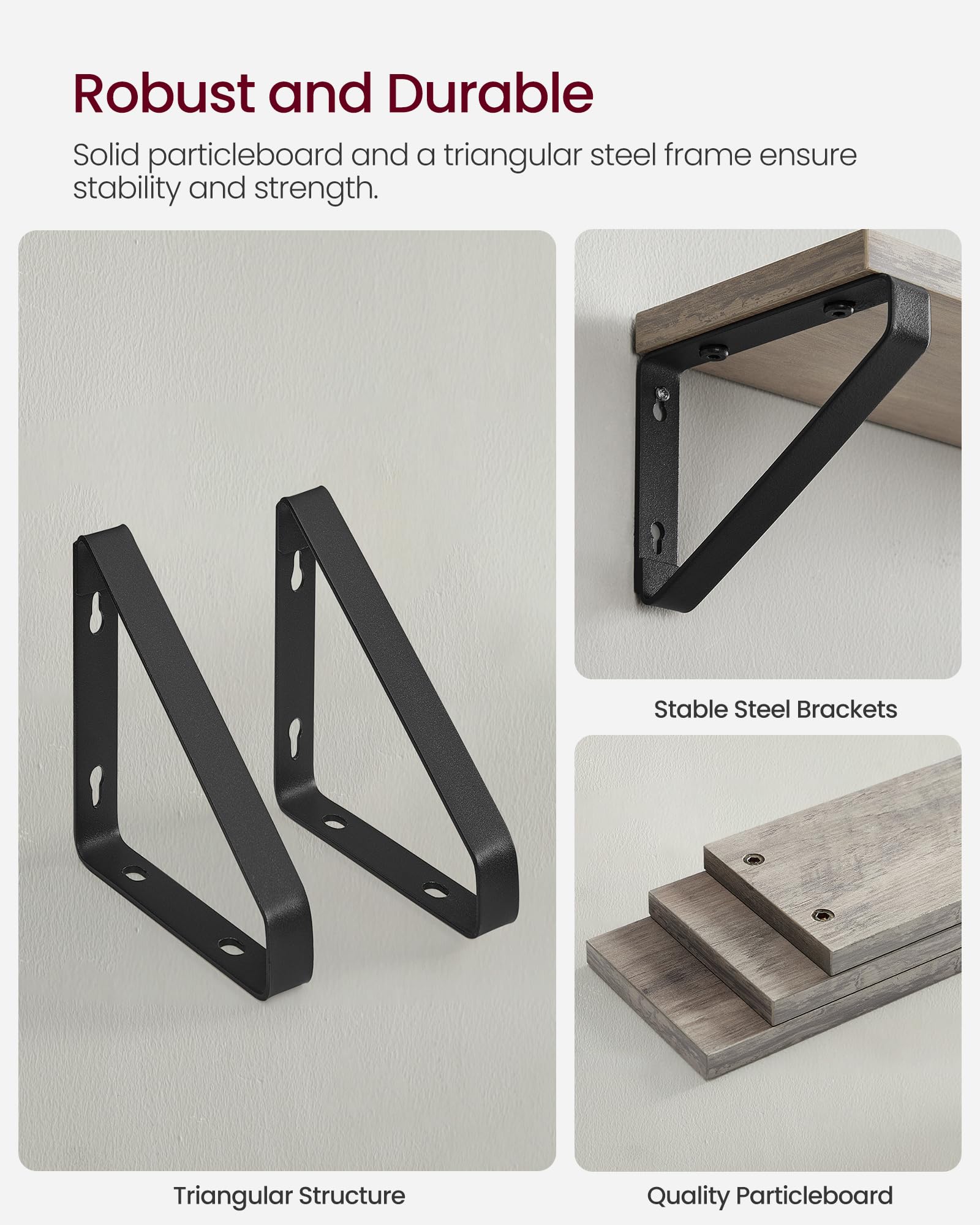 VASAGLE Floating Wall Shelves - Set of 3 Display Shelves | Heather Greige & Matte Black | Max 10 kg Capacity Each 7