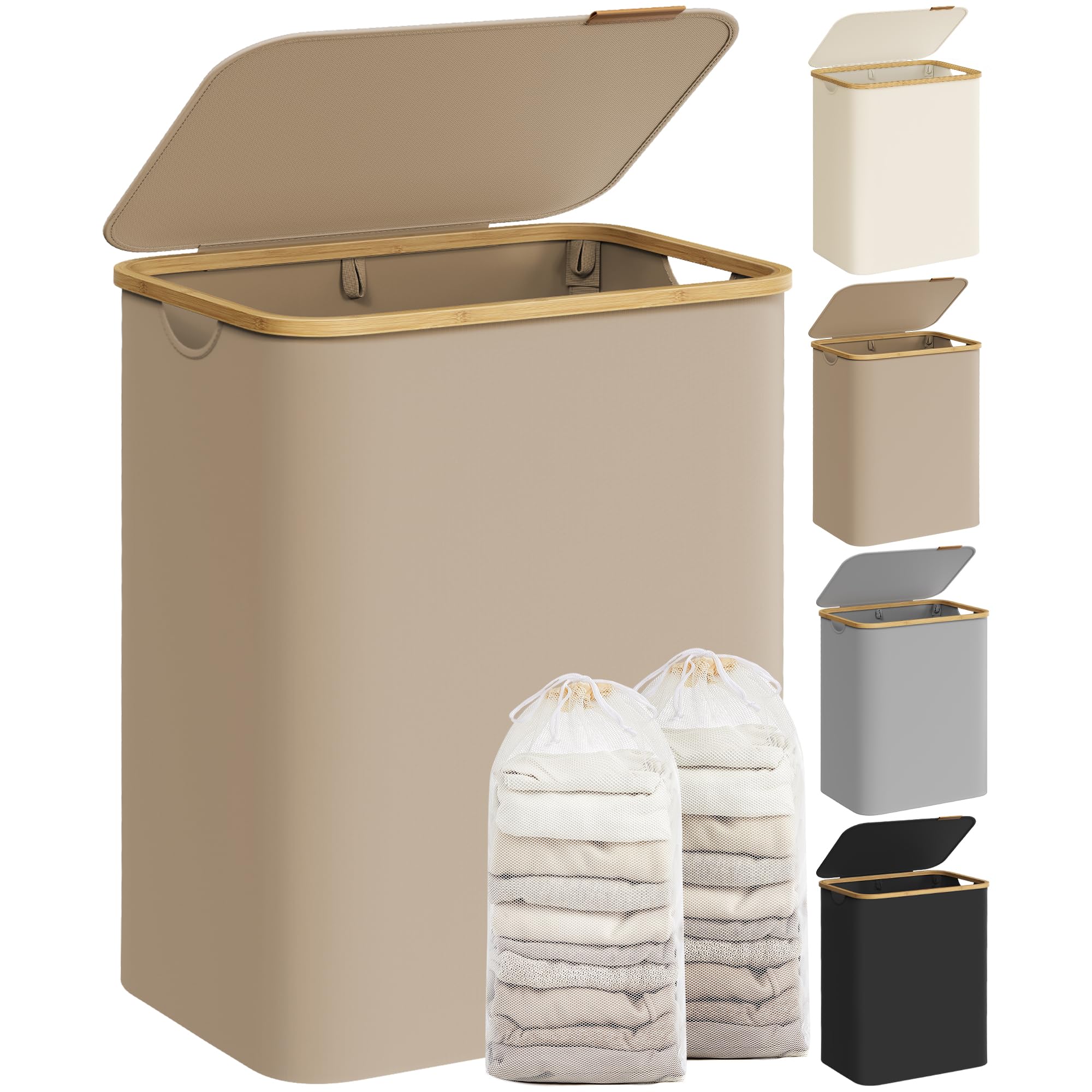 SONGMICS 2-Section Laundry Basket with Lid - 130 L Capacity, Collapsible, Camel Brown