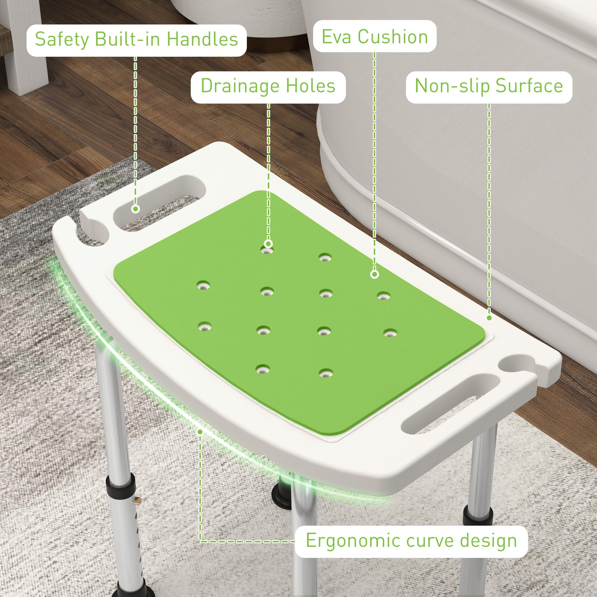 HOMCOM Shower Chair - Adjustable Height (39-52cm) | Aluminium Frame | Max Load 135kg | Green 3