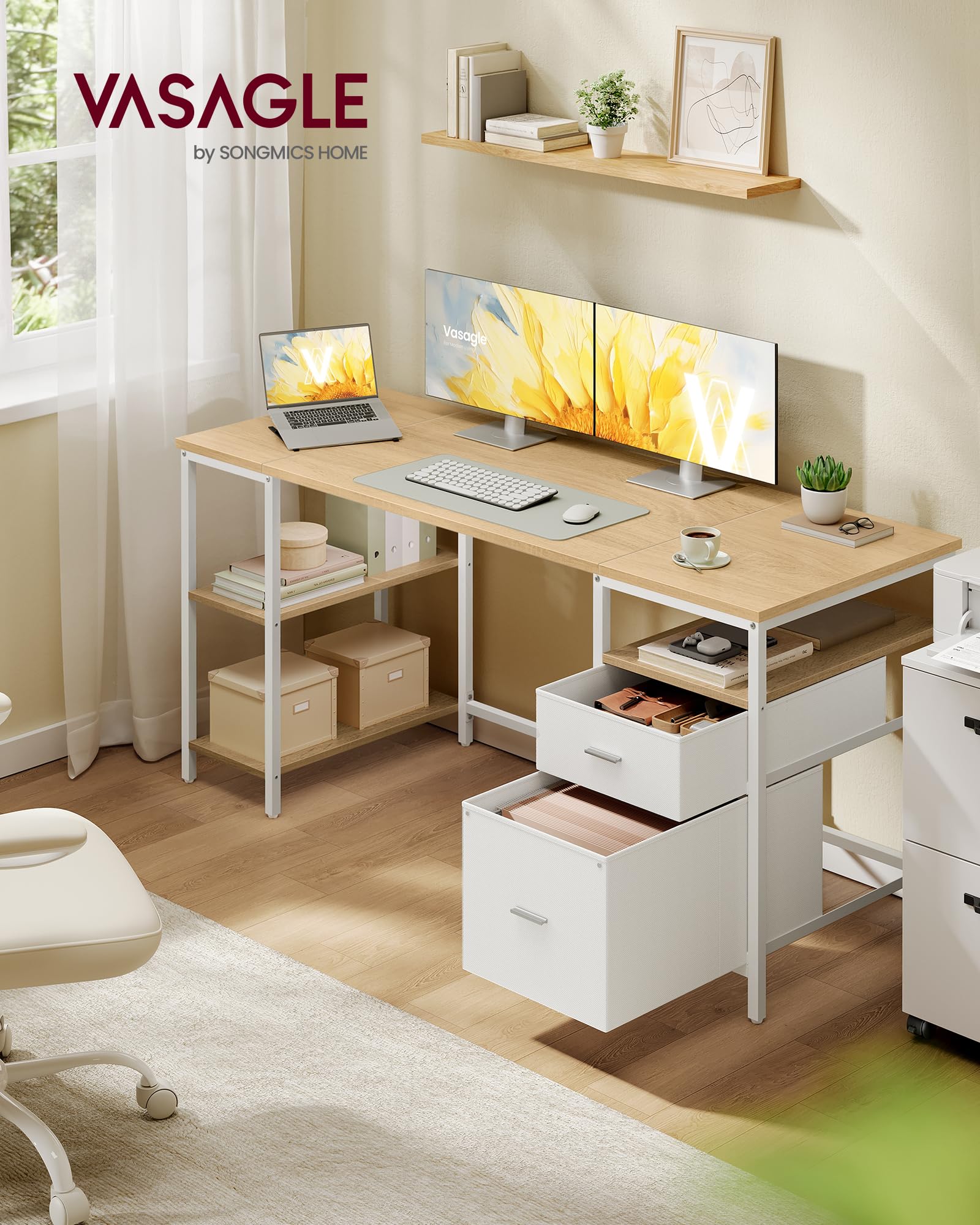 VASAGLE Computer Desk with Storage - 160 x 60 cm Workstation | 3 Shelves, 2 Drawers | Natural Oak + Cloud White