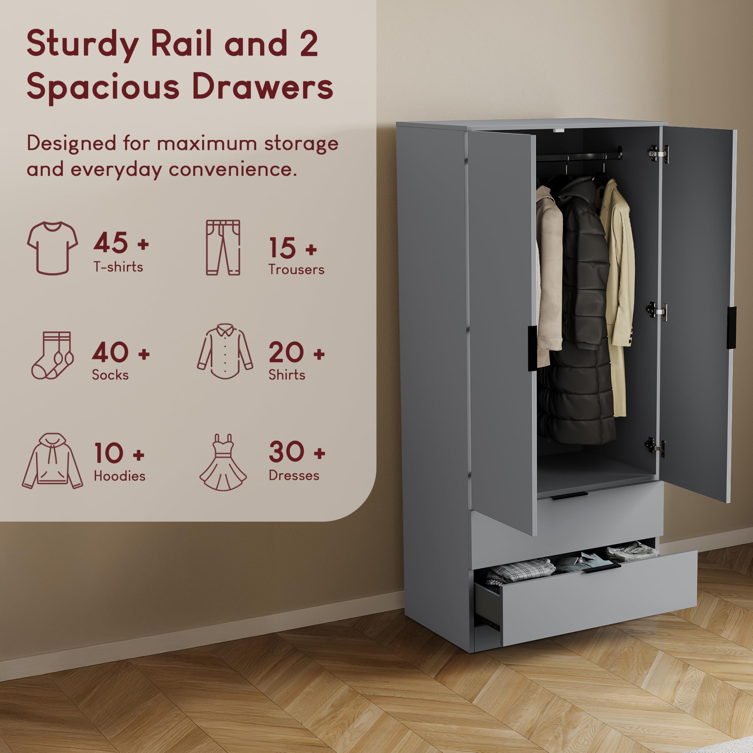 Vida Designs Trega Wardrobe - 2 Door 2 Drawer | Grey Finish | 170cm H x 76cm W 5