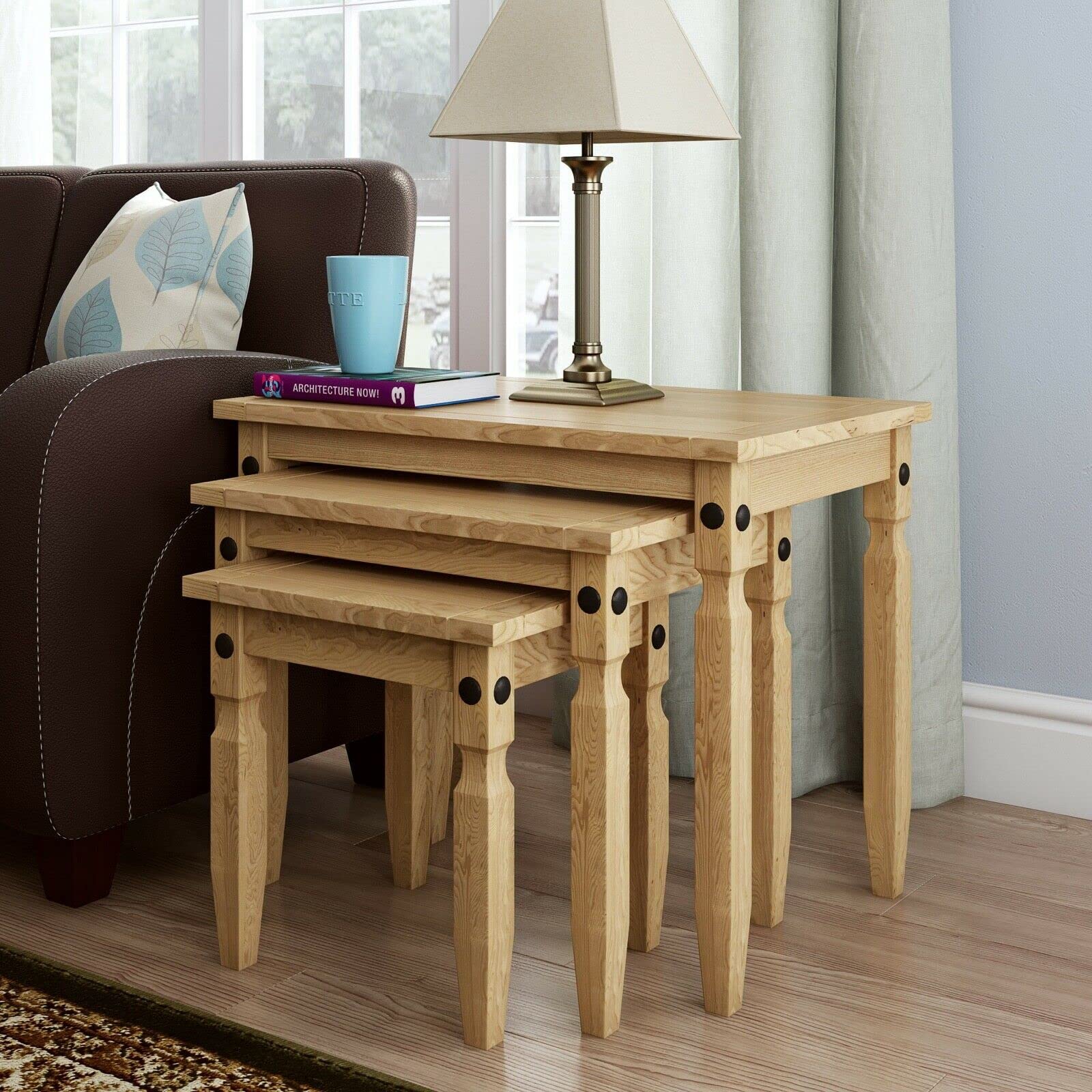 Mews Corona Nest of Tables - Solid Pine, Wax Finish, Black Metal Hardware | (W) 53cm 3