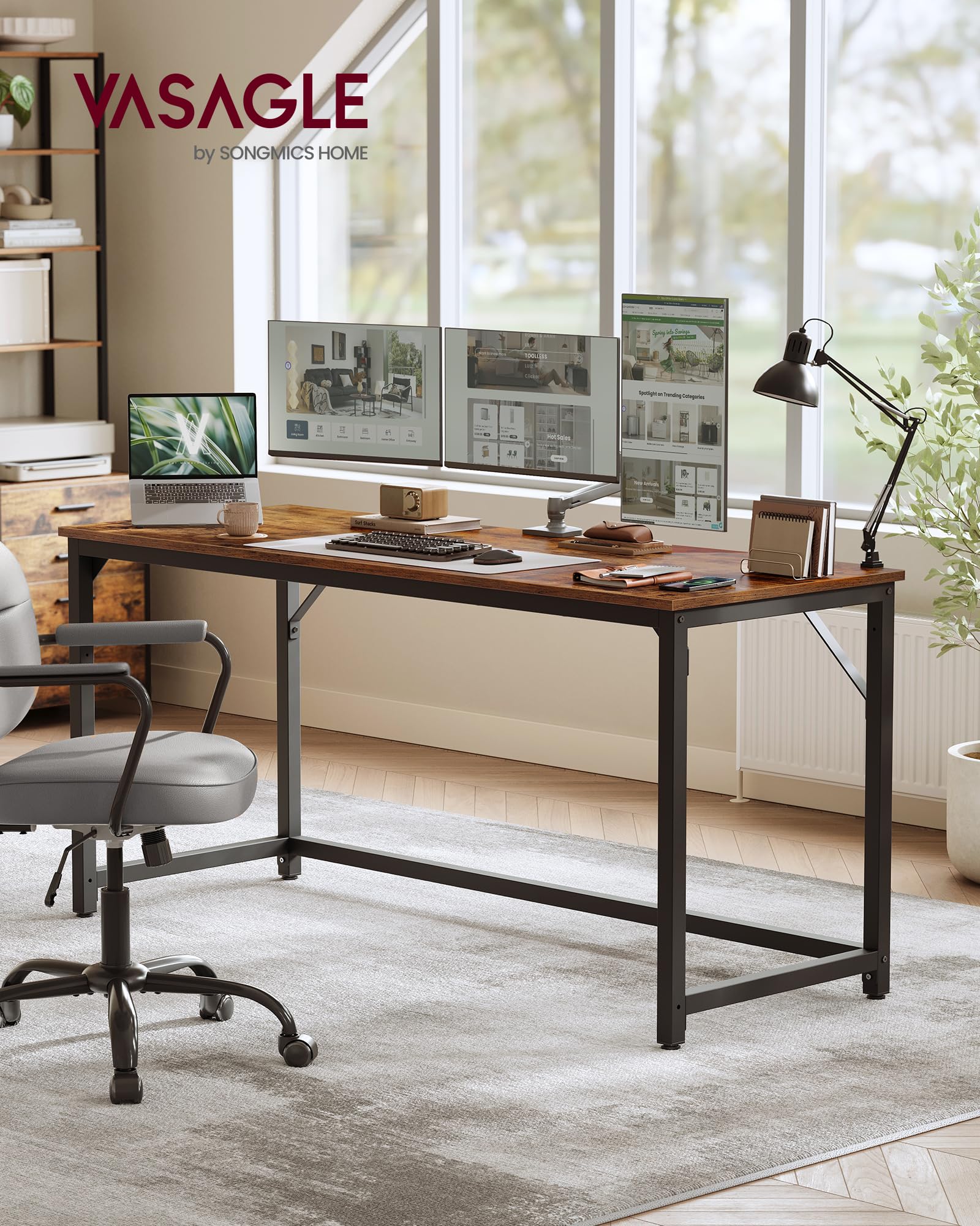 VASAGLE Computer Desk - 160 x 60 cm Workspace | Rustic Brown & Ink Black | Supports 50 kg