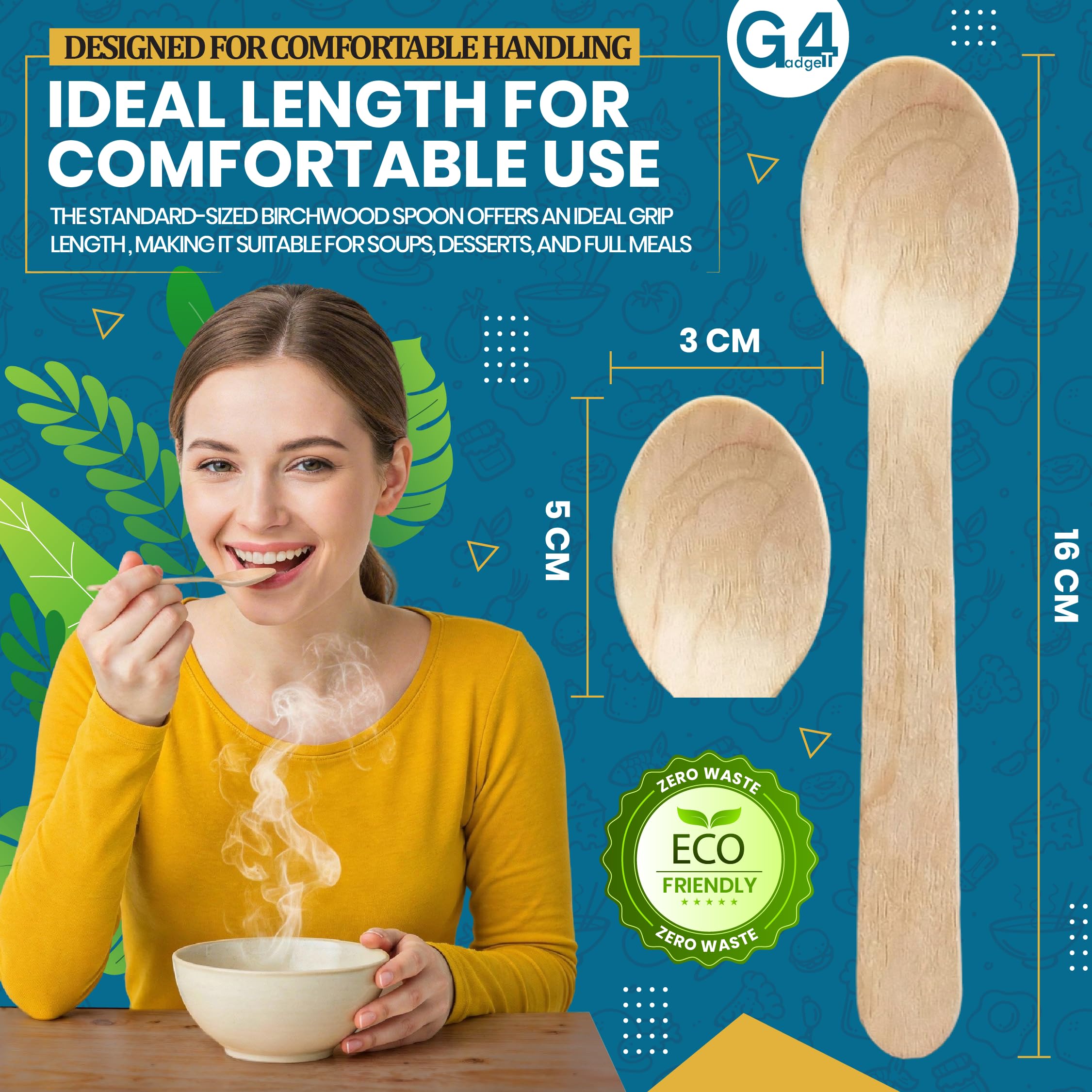 G4GADGET 100-Pack Wooden Spoons - Durable & Splinter-Free Disposable Utensils | Light Brown Wood 6