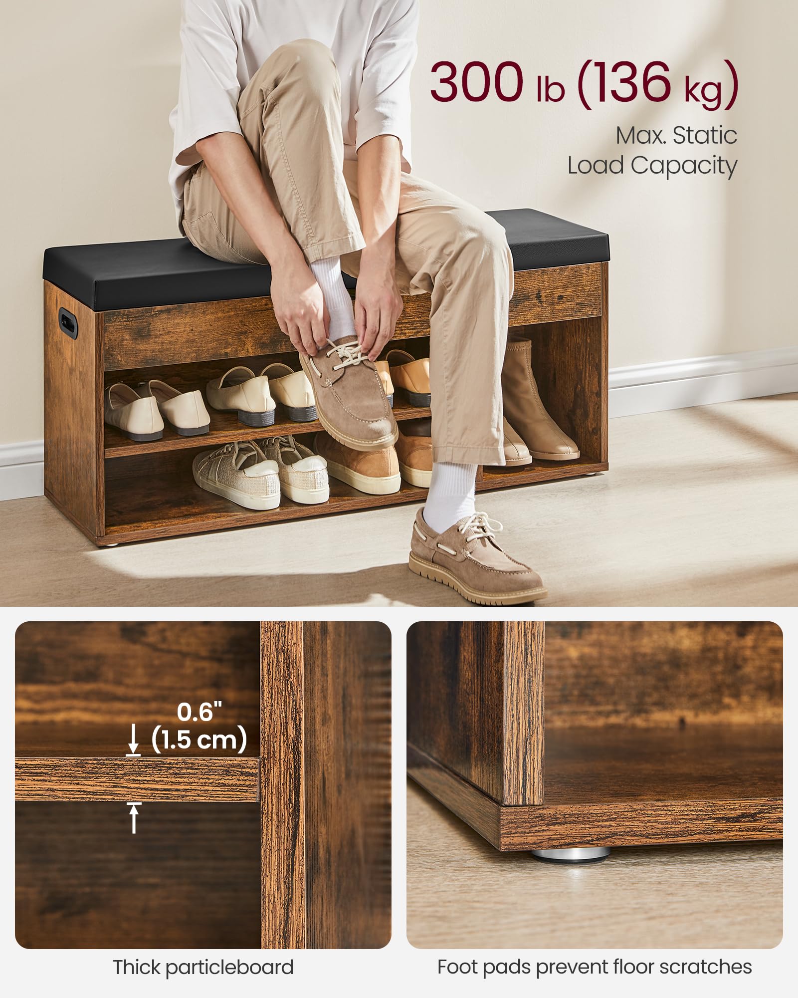VASAGLE Shoe Storage Bench with Padded Seat | 3 Compartments | 150 kg Capacity | Rustic Brown 4