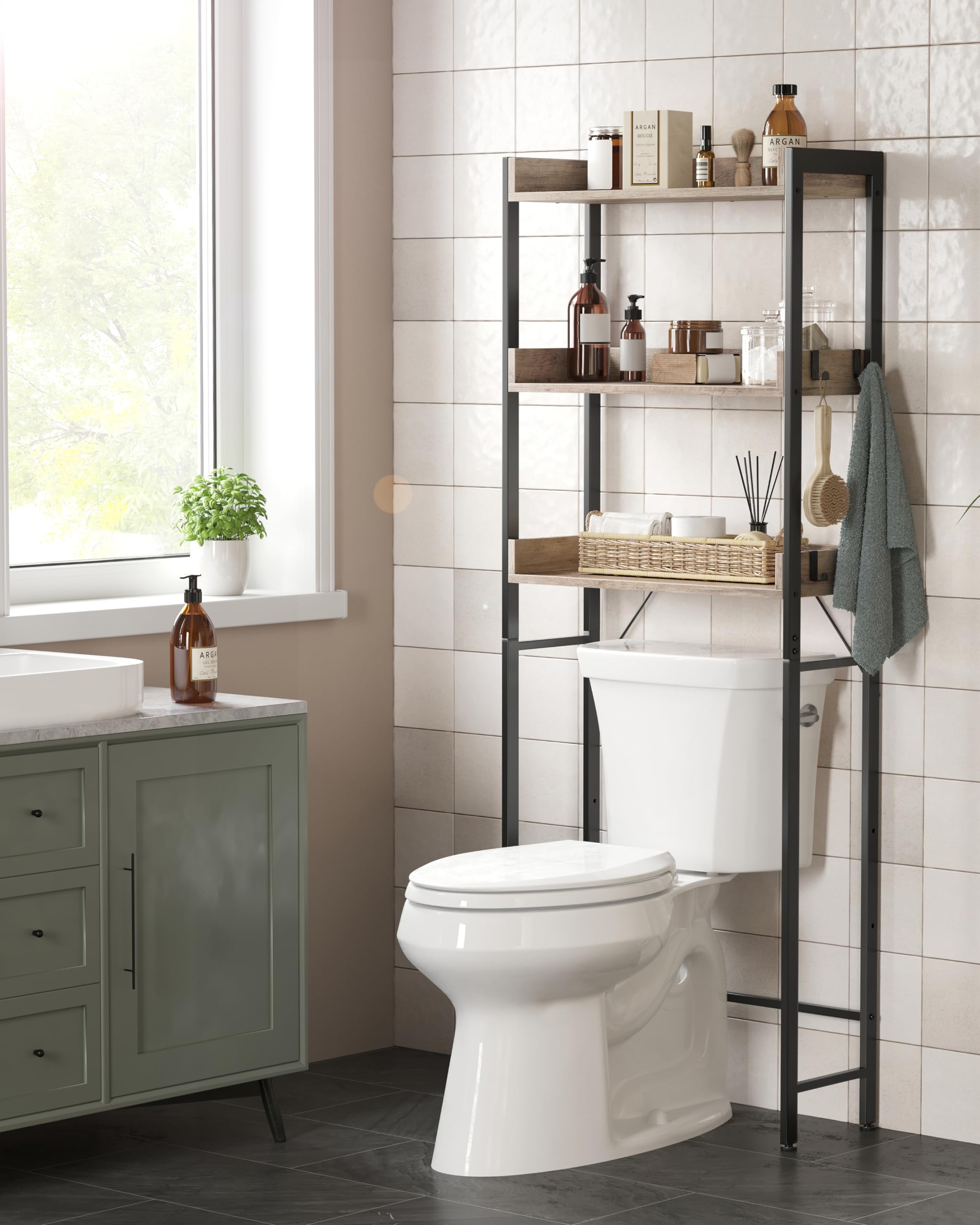 VASAGLE 3-Tier Over The Toilet Storage Rack - Space Saving, Industrial Style, Greige & Black | BTS002B02 5
