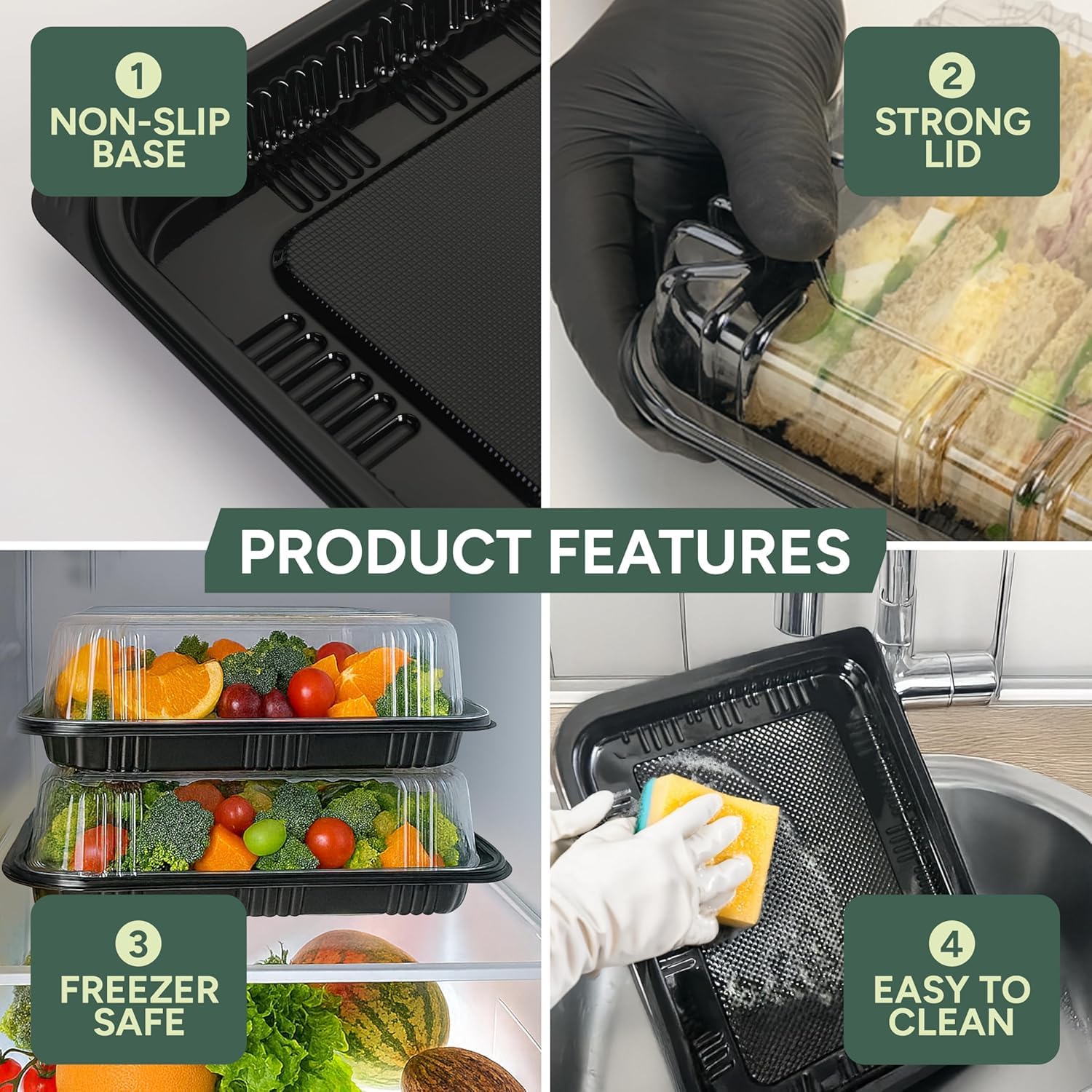 Zuvo Reusable Party Food & Sandwich Platter Trays with Lids, 5 Pack, Black Plastic 5
