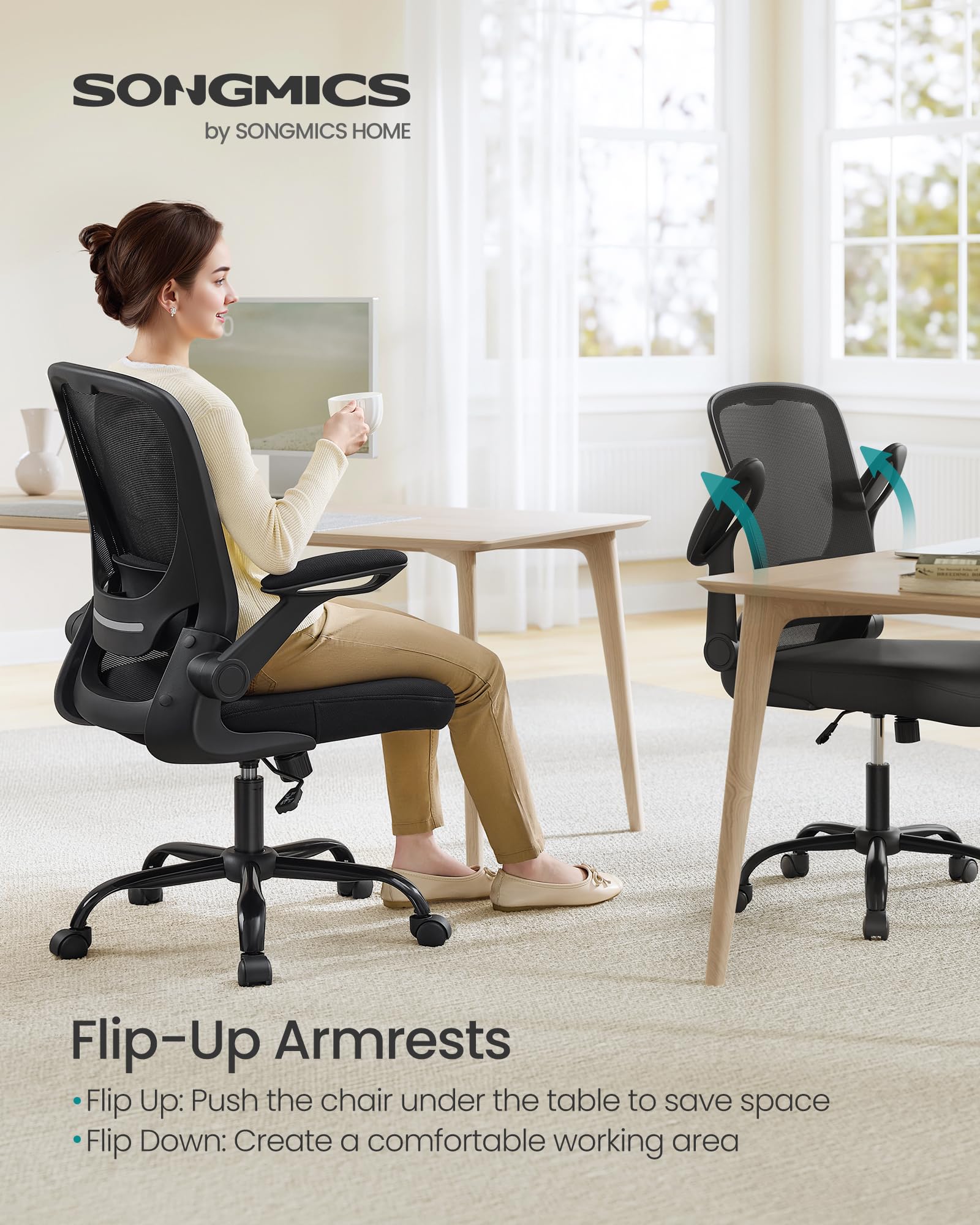SONGMICS Ergonomic Mesh Back Desk Chair with Adjustable Lumbar Support and Flip-Up Armrests | Black 4