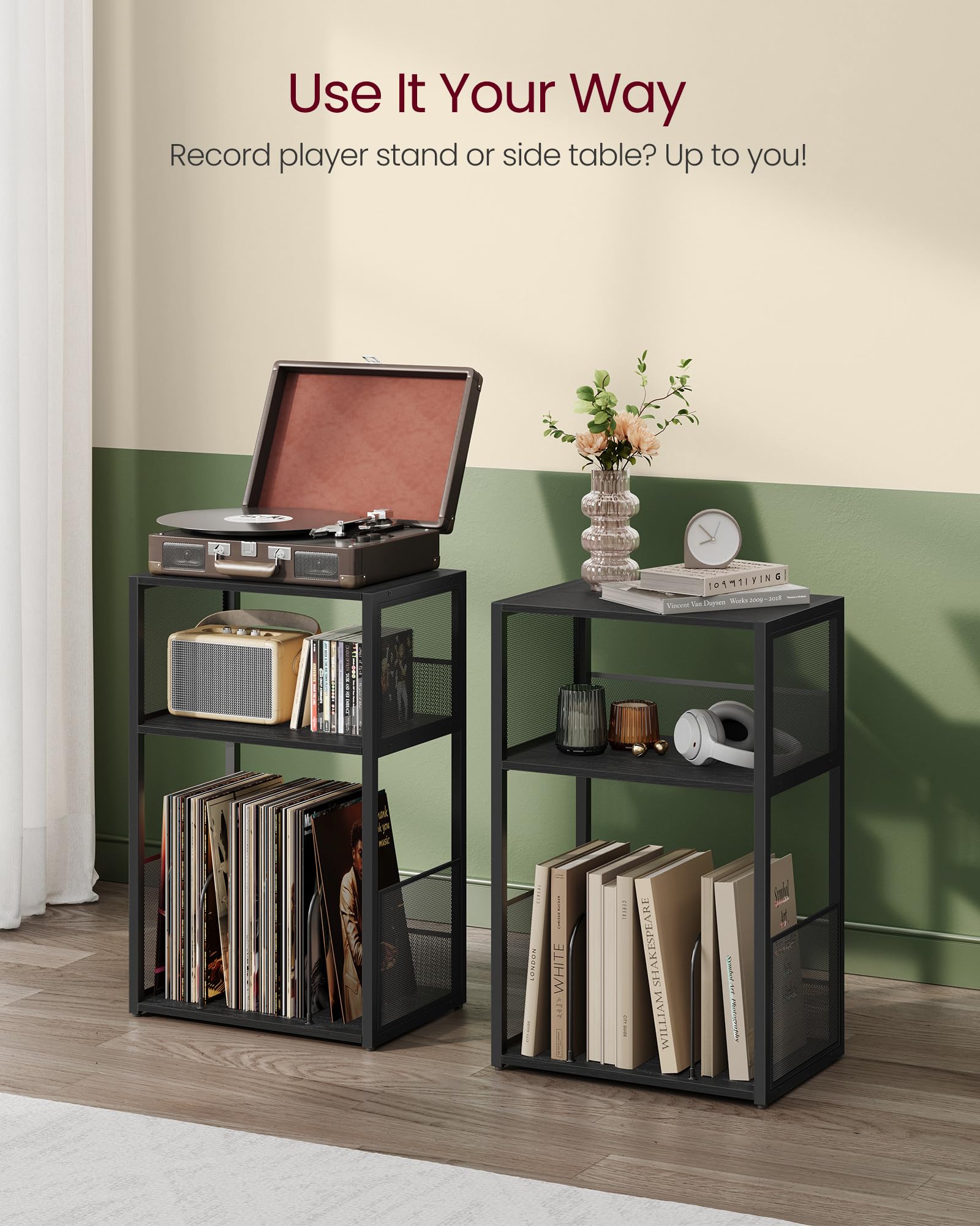 VASAGLE Record Player Stand & End Table - 3-Tier Storage for 100 Albums | Ebony Black 6