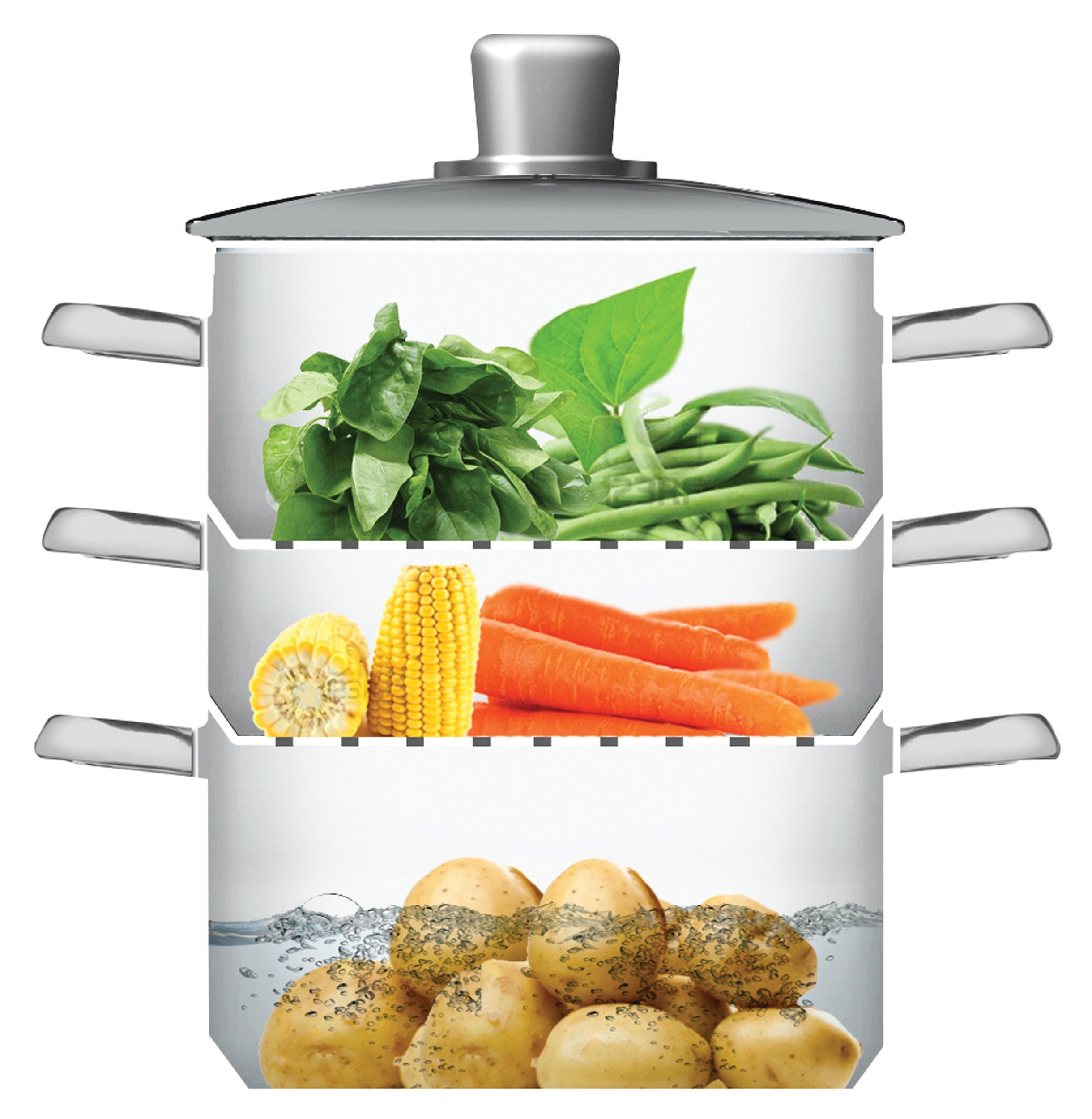 Kitchen Craft 3 Tier Stainless Steel Food Steamer Pan with Glass Lid | Induction Safe | 20 cm Diameter 3