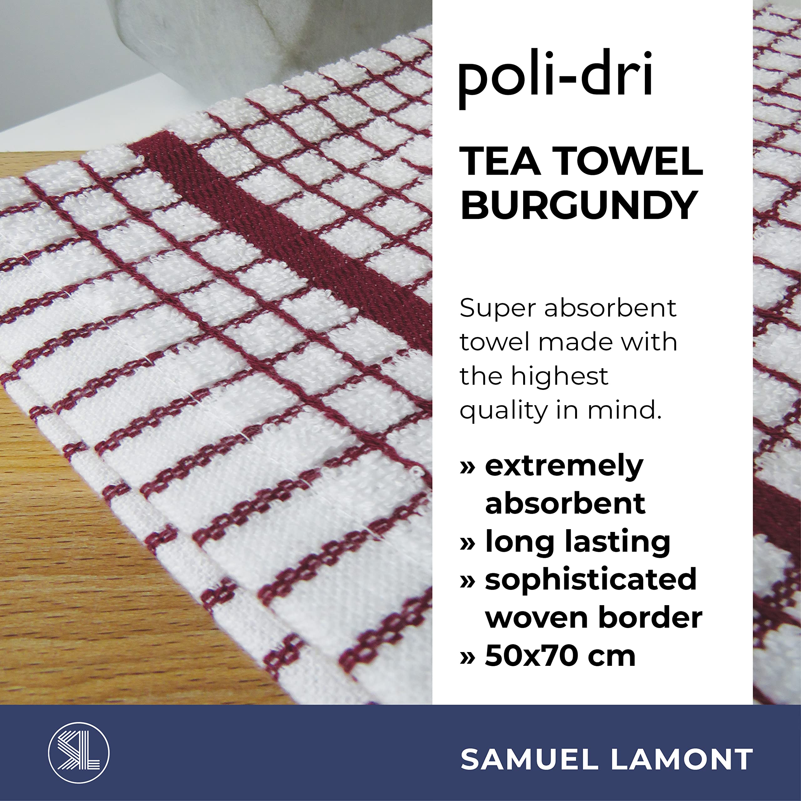 Samuel Lamont Poli-Dri Tea Towel - Ultra-Absorbent 100% Cotton Terry | Burgundy | 50cm x 70cm 4