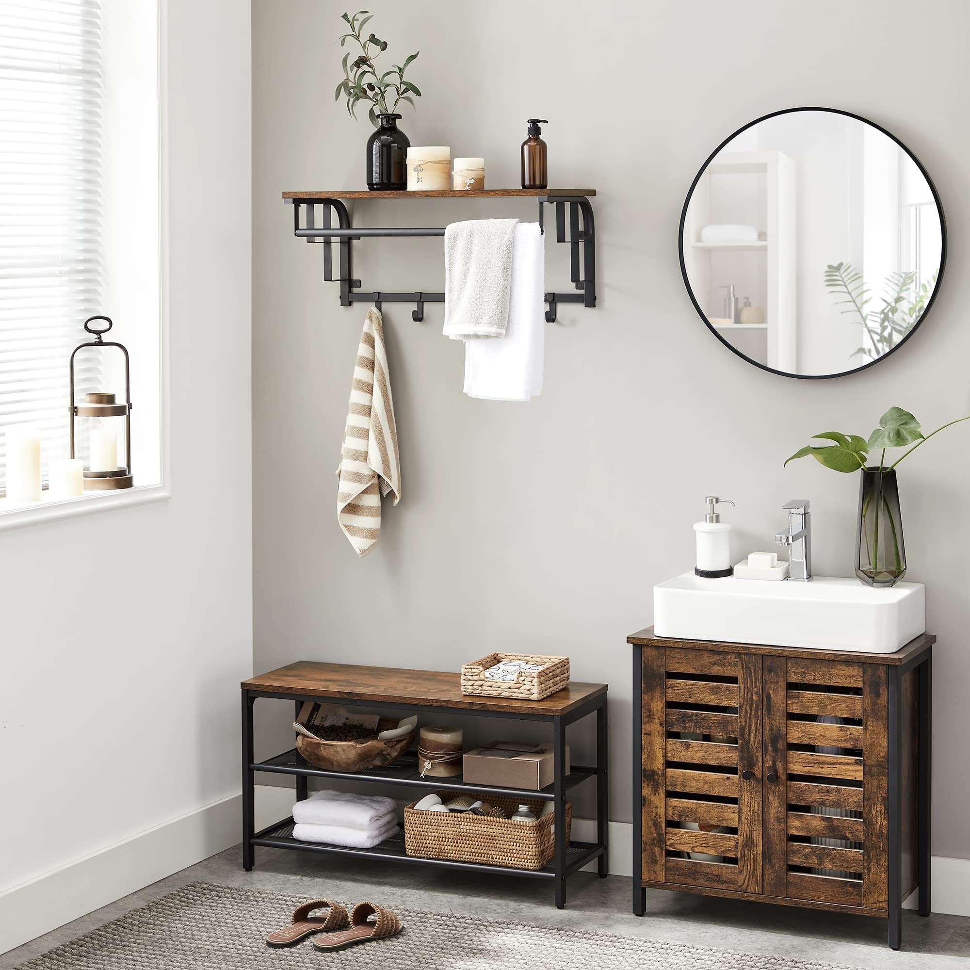 VASAGLE Wall Coat Rack with Shelf, Rod, and 5 Hooks | Rustic Brown + Black | 15kg Shelf Capacity 4
