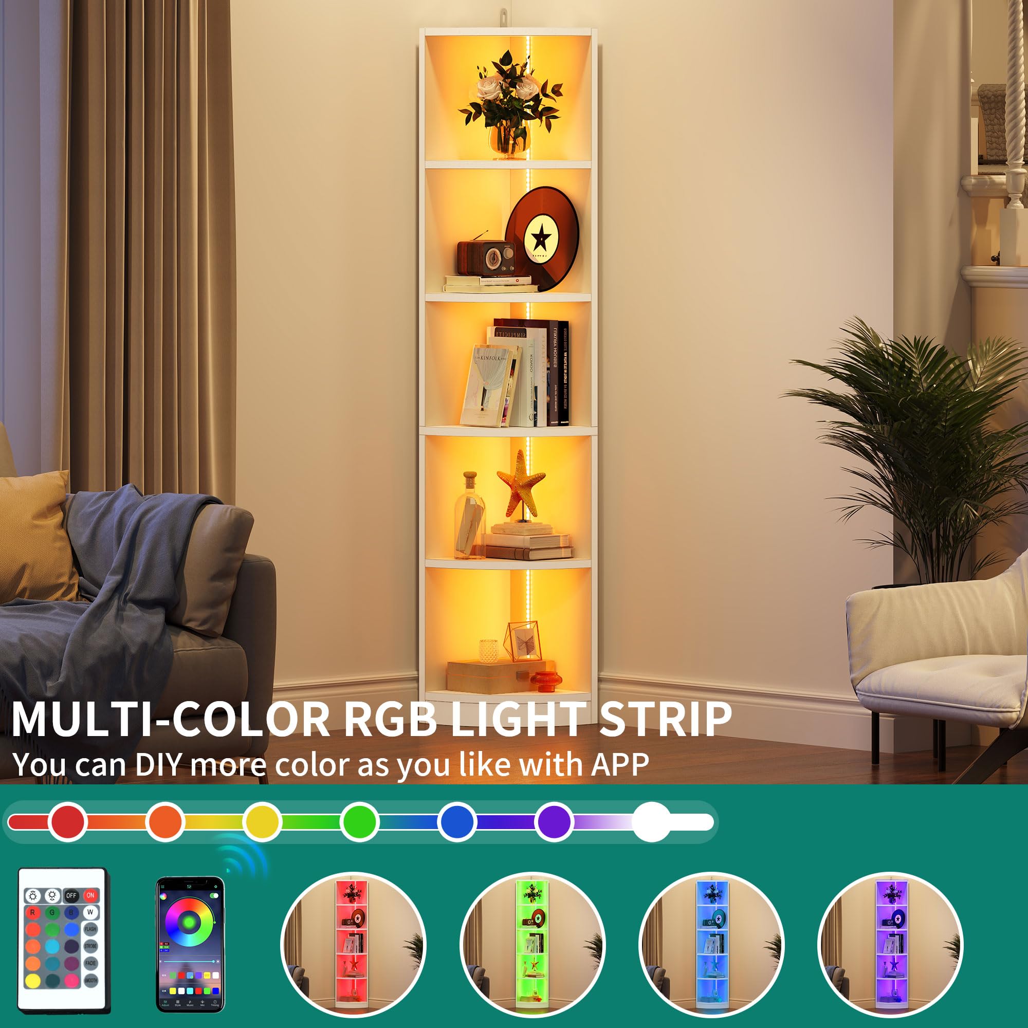 YITAHOME 5 Tier Corner Bookshelf with Voice-Activated LED Lighting | Engineered Wood | White 3