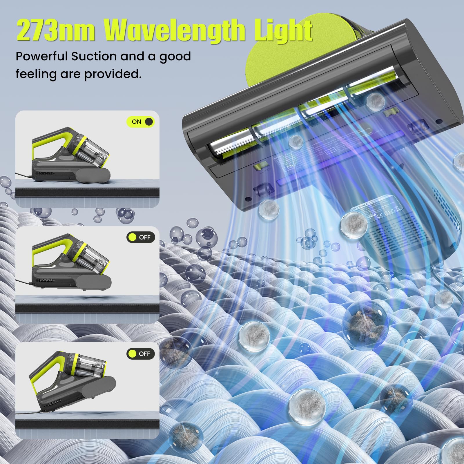 HYCHIKA Mattress Vacuum Cleaner - 16kPa Suction, 5-in-1 Deep Cleaning with UV-C Light & Heat 3