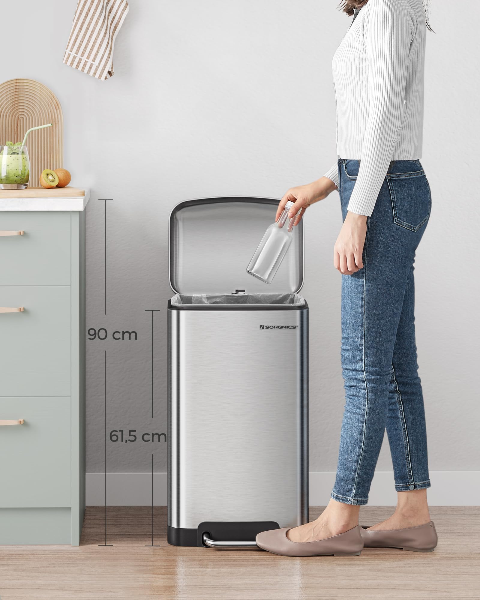 SONGMICS Kitchen Bin - 30L Capacity, Steel Pedal Bin with Soft Close Lid | Silver | LTB01L 7