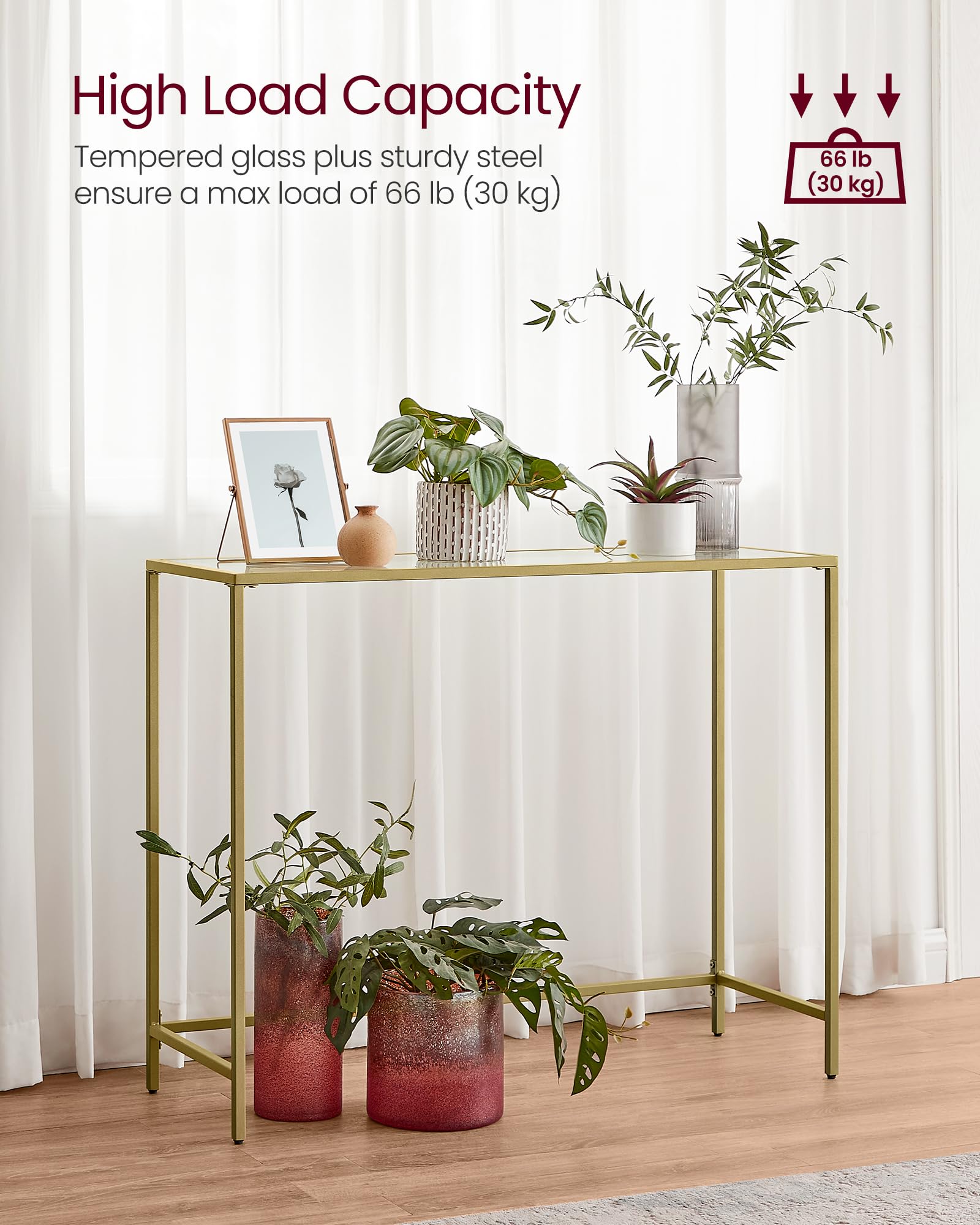 VASAGLE Console Table - Tempered Glass Top | Light Gold Metal Frame | 20x100x80 cm 5