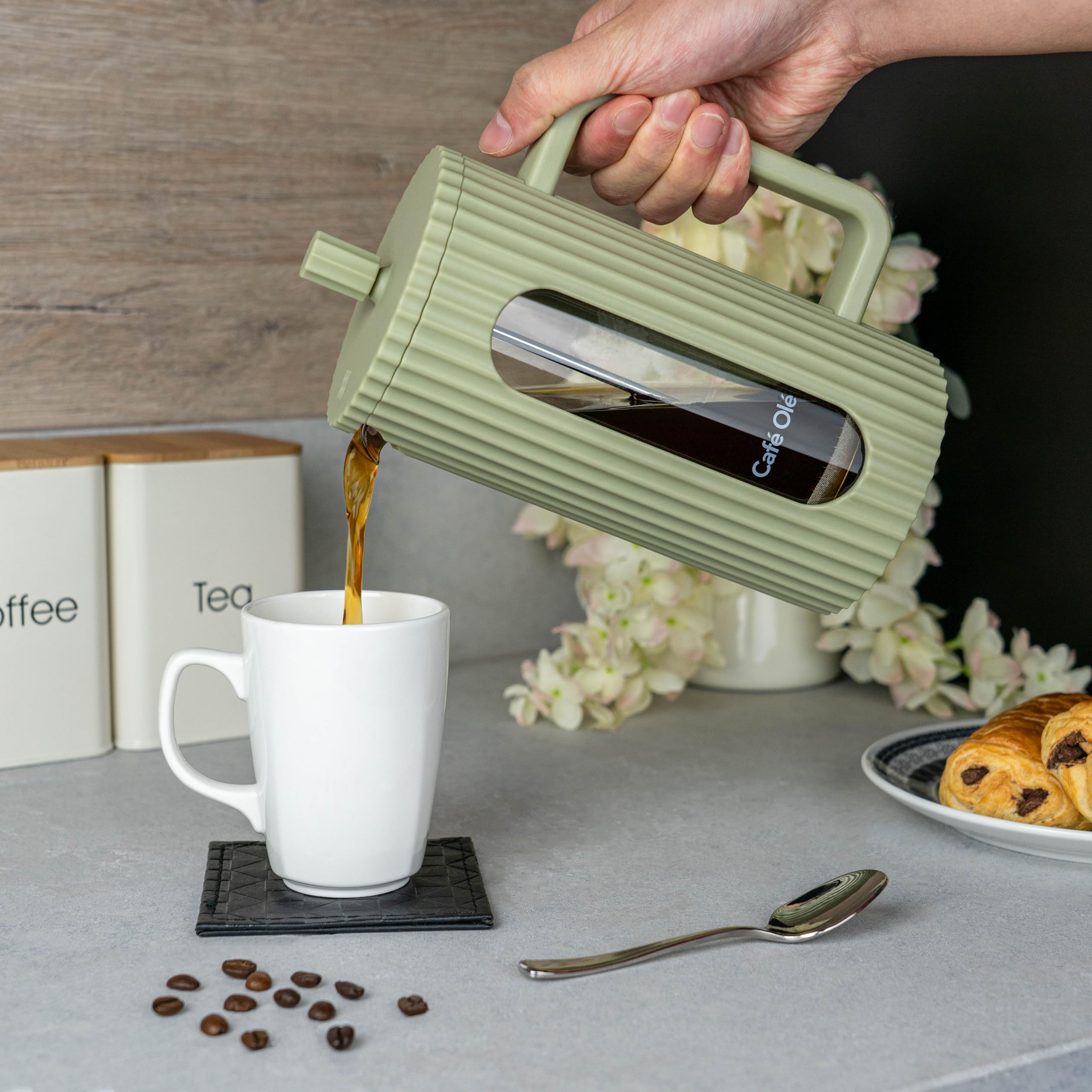 Café Olé Ciao Cafetière - 350ml Stainless Steel French Press | Green | Cool Touch Handle 3