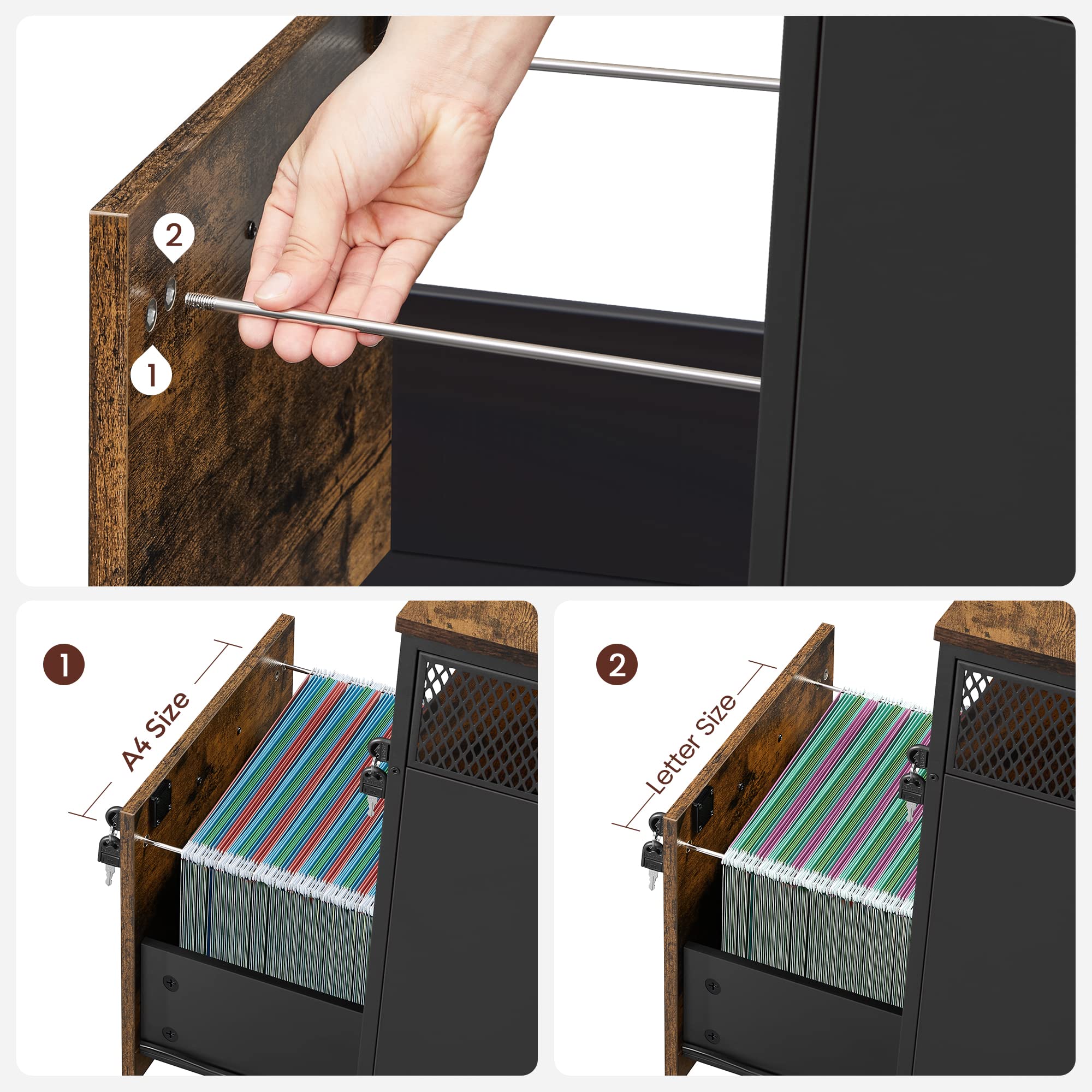 VASAGLE Mobile File Cabinet with 2 Lockable Drawers | Rustic Brown + Black | 44x42x69 cm 7