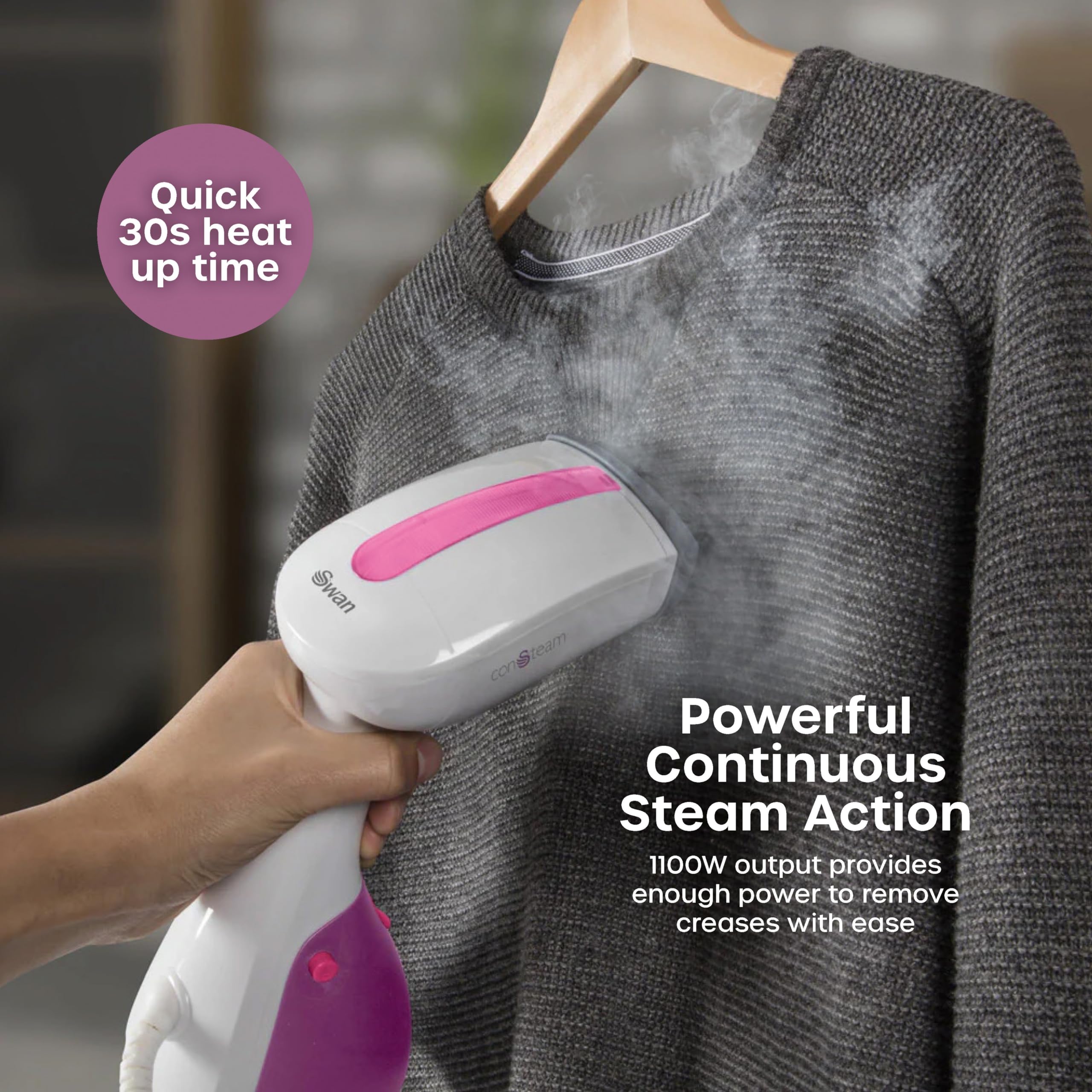 Swan SI12020N Handheld Garment Steamer - 1100W Power | 20 Min Continuous Steam | Pink & White 2