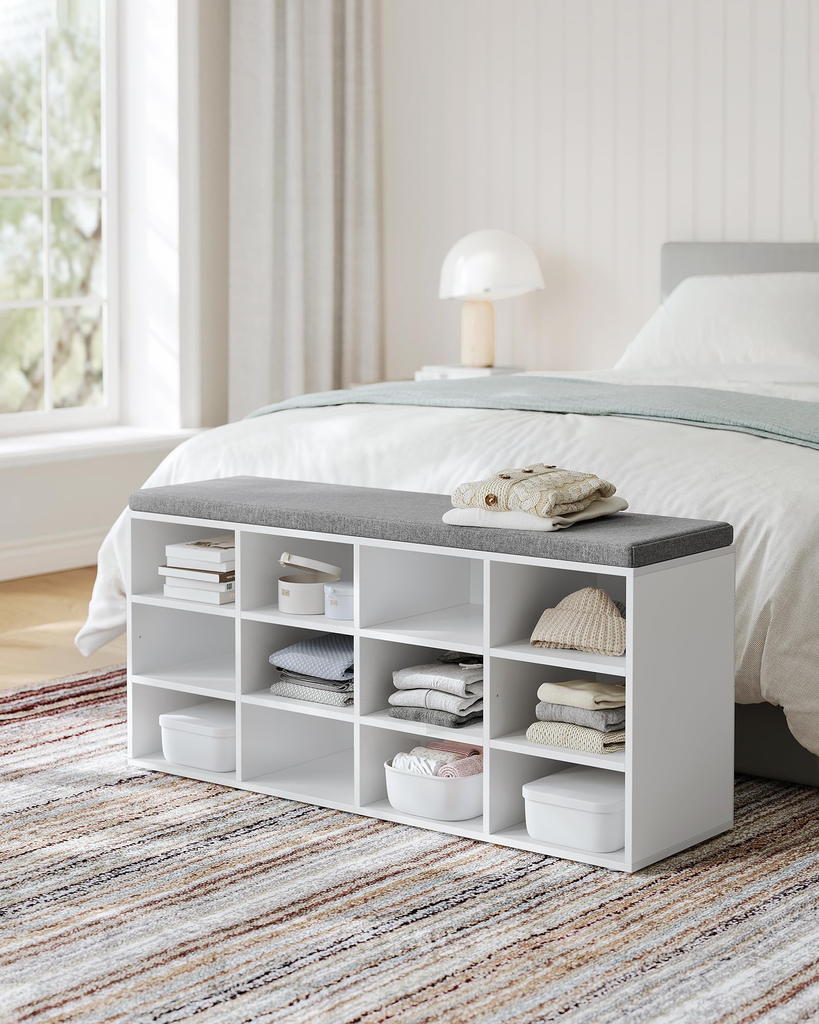 VASAGLE Shoe Storage Bench with Padded Seat | 12 Compartments | Adjustable Shelves | 104 x 30.3 x 48 cm | Cloud White 4