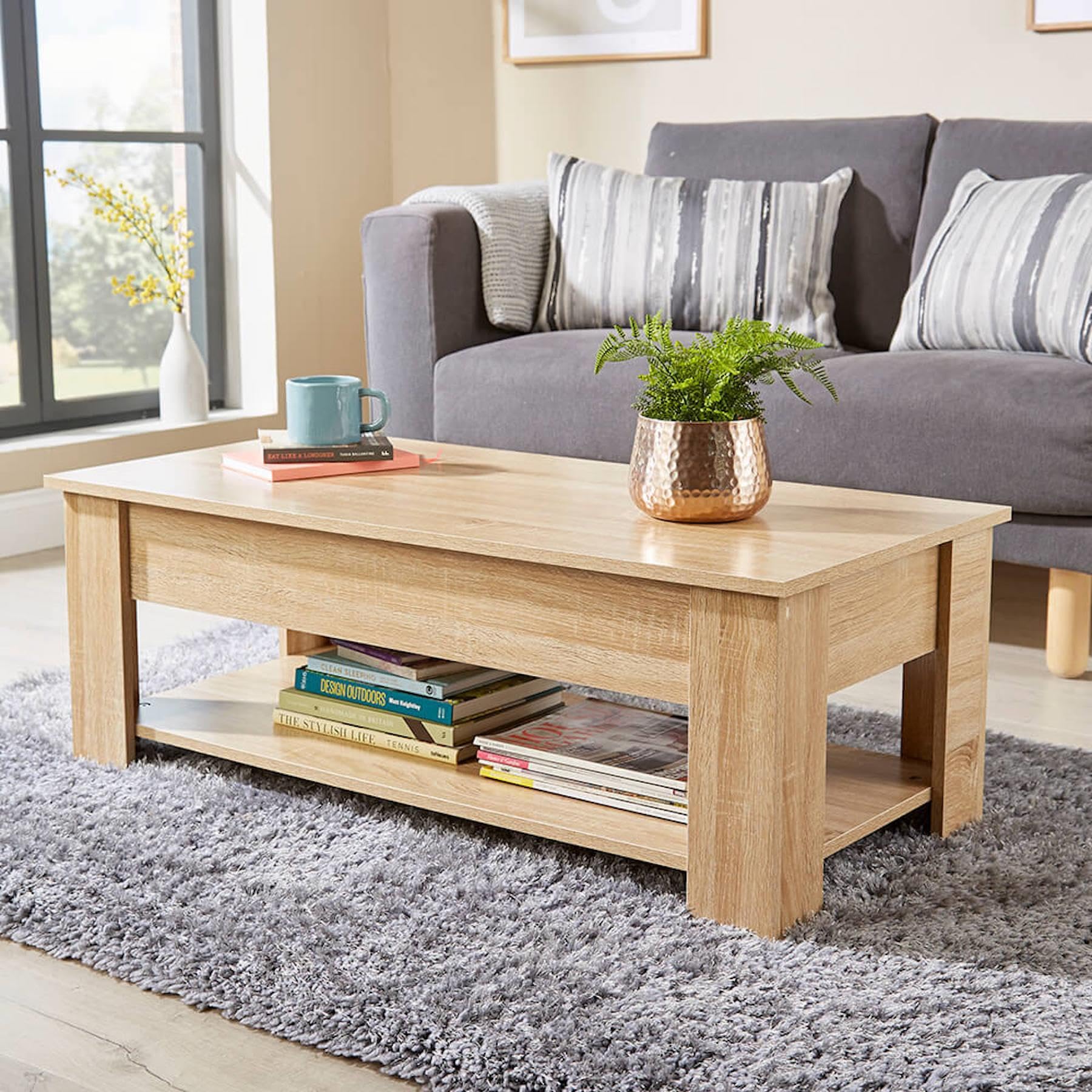 Home Source Modern Coffee Table with Lift Top Storage and Magazine Shelf | Oak Effect | 100cm 3