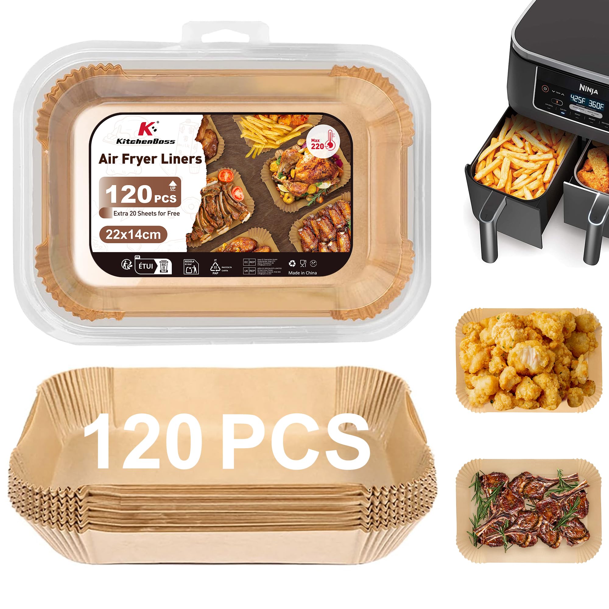 KitchenBoss 120Pcs Air Fryer Liners - 8.6x5.5in Rectangular Parchment for Dual Basket Fryers 1