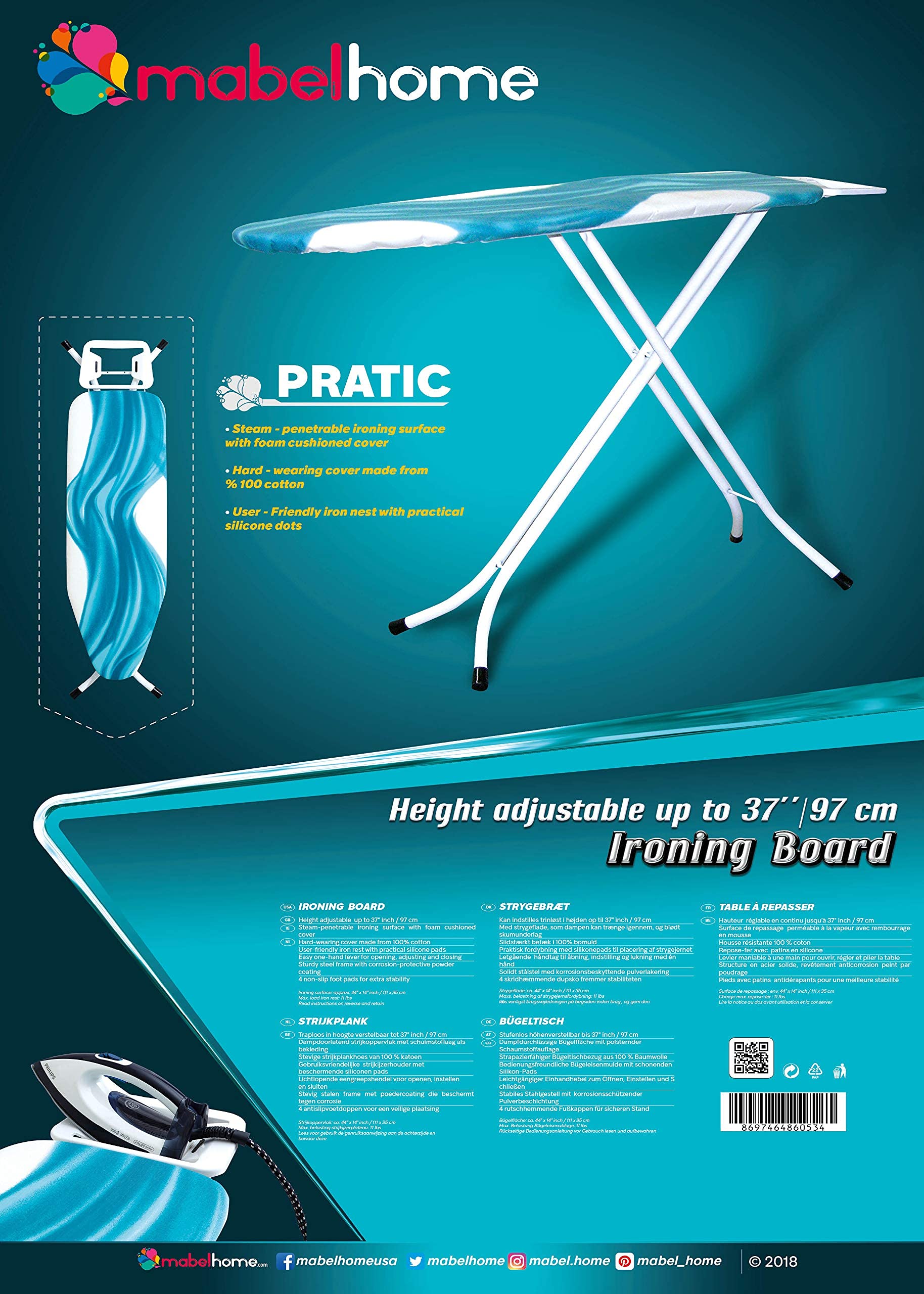 Mabel Home Adjustable Height Deluxe 4-Leg Ironing Board with Extra Cotton Cover | 52"x13.5" 7