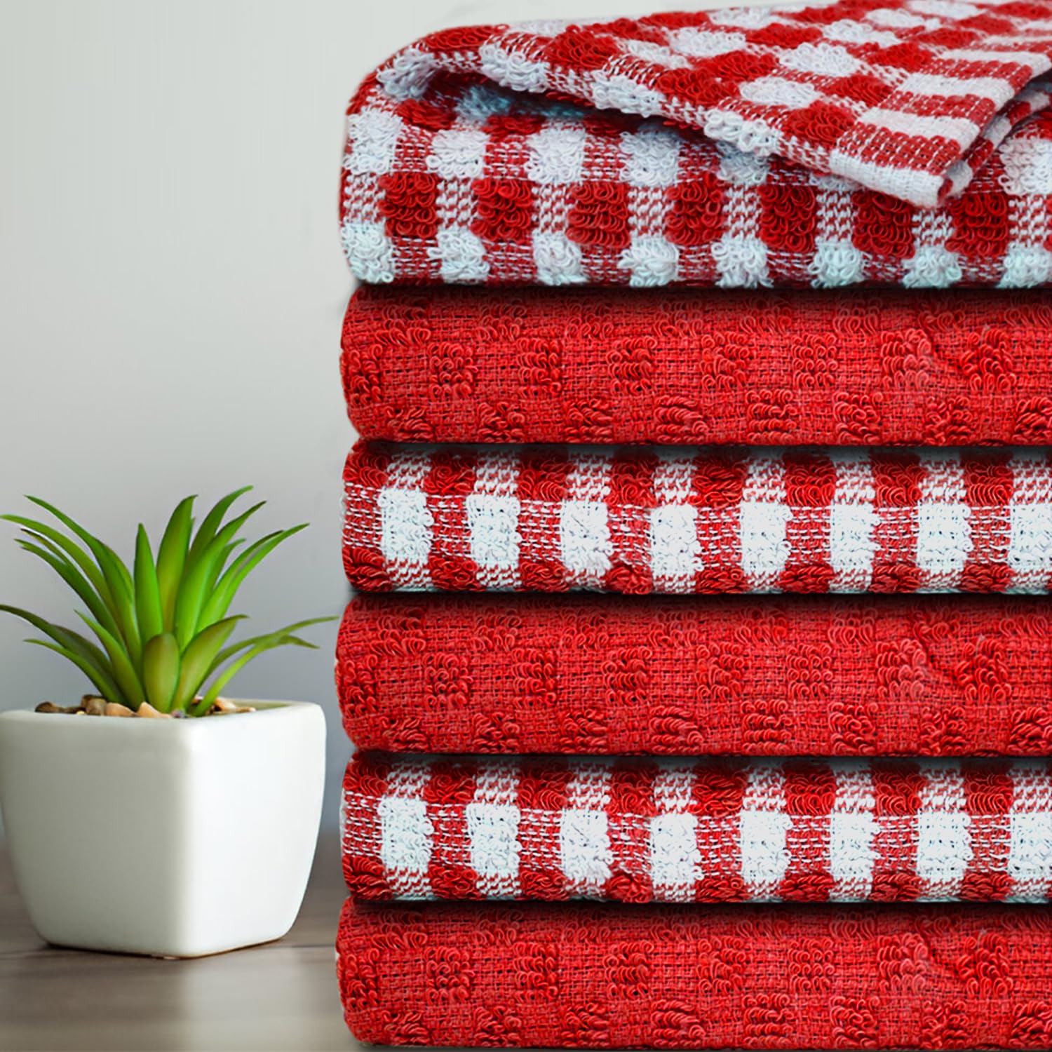 Casabella Pack of 6 Terry Cotton Kitchen Tea Towels - Highly Absorbent Dish & Bar Towels | Red 1