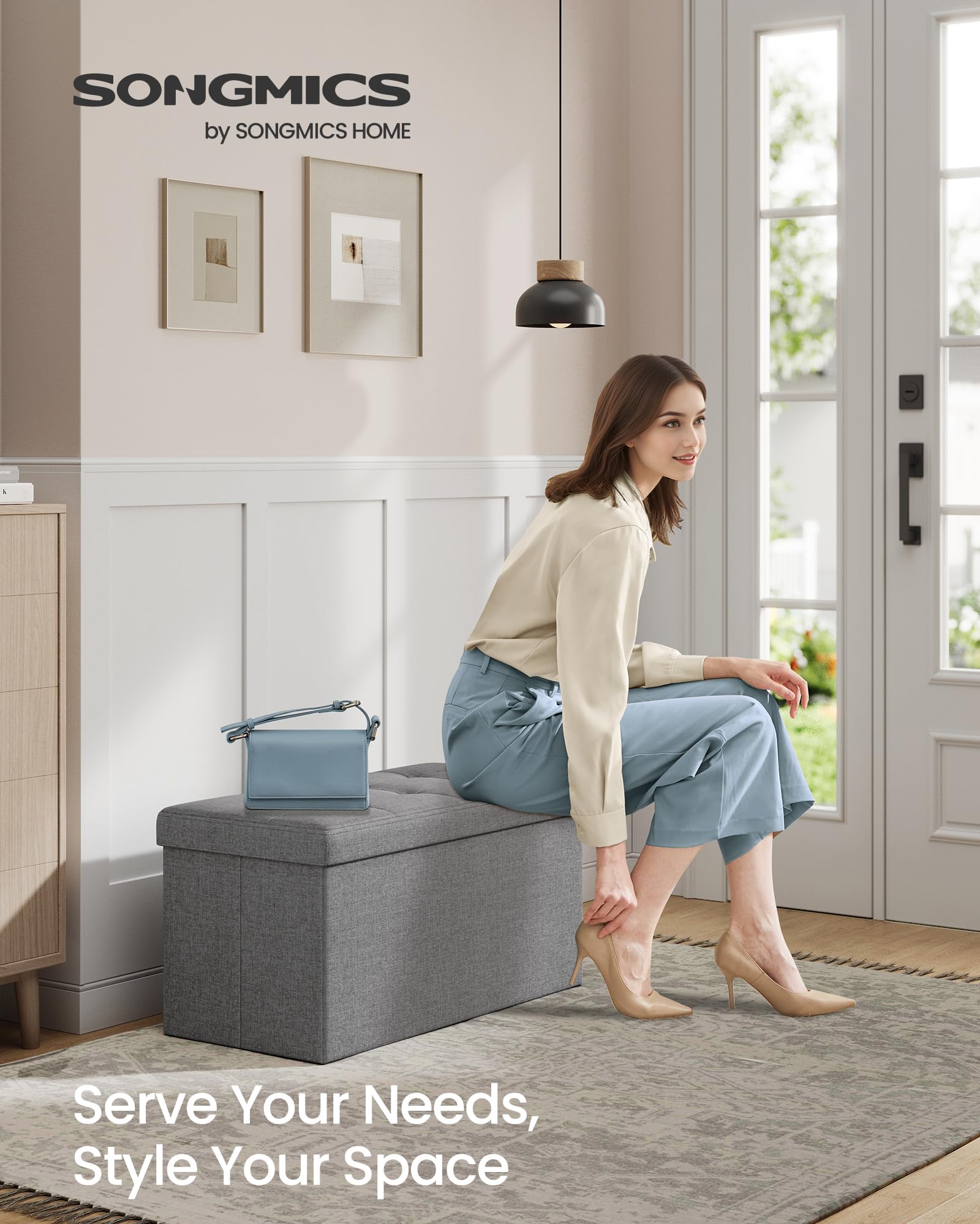 SONGMICS MAZIE Storage Ottoman Bench - 76 cm Folding Foot Rest | 300 kg Capacity | Light Grey 4