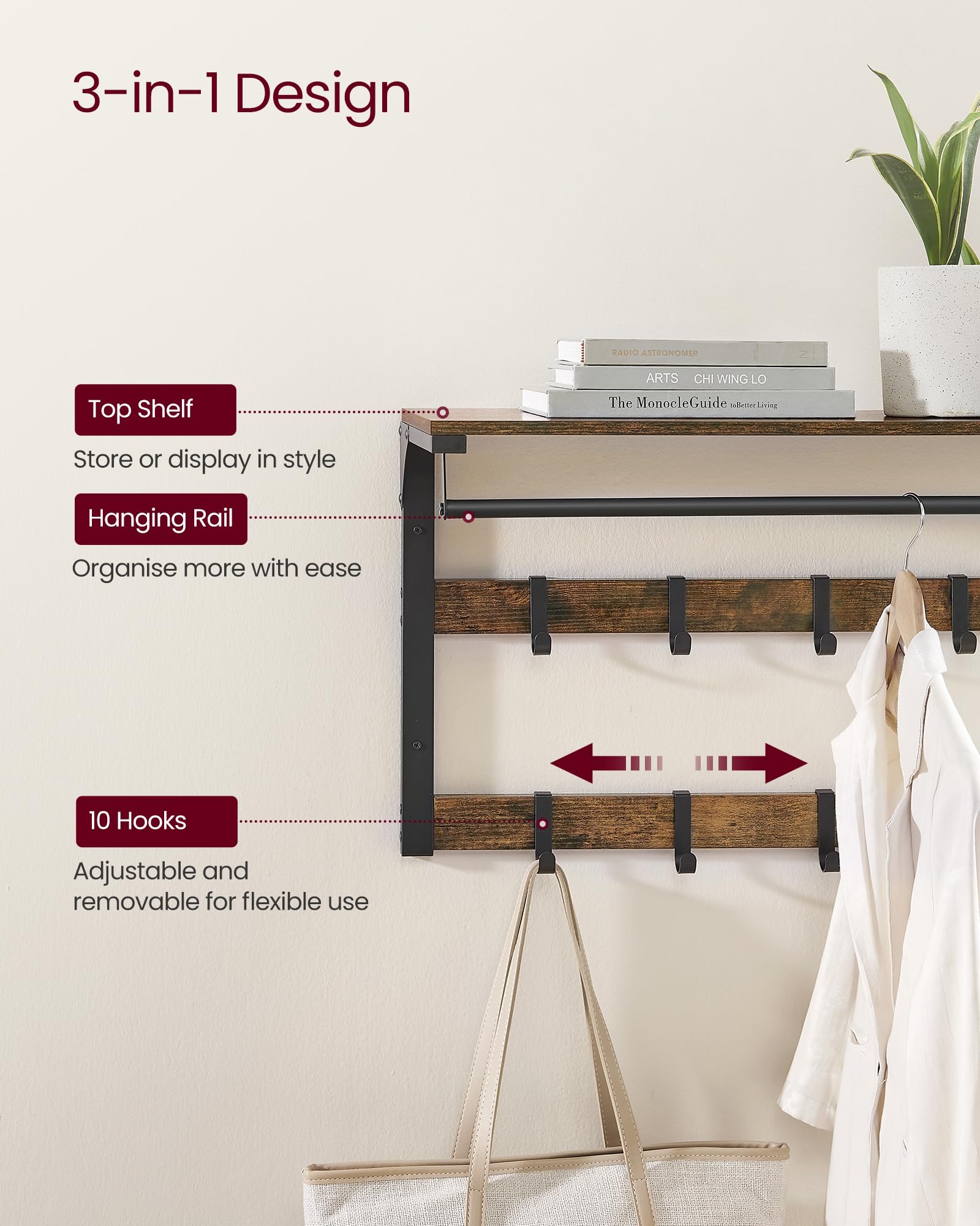 VASAGLE Wall-Mounted Coat Rack with Shelf and 10 Removable Hooks | Rustic Brown & Black | 80W cm 3