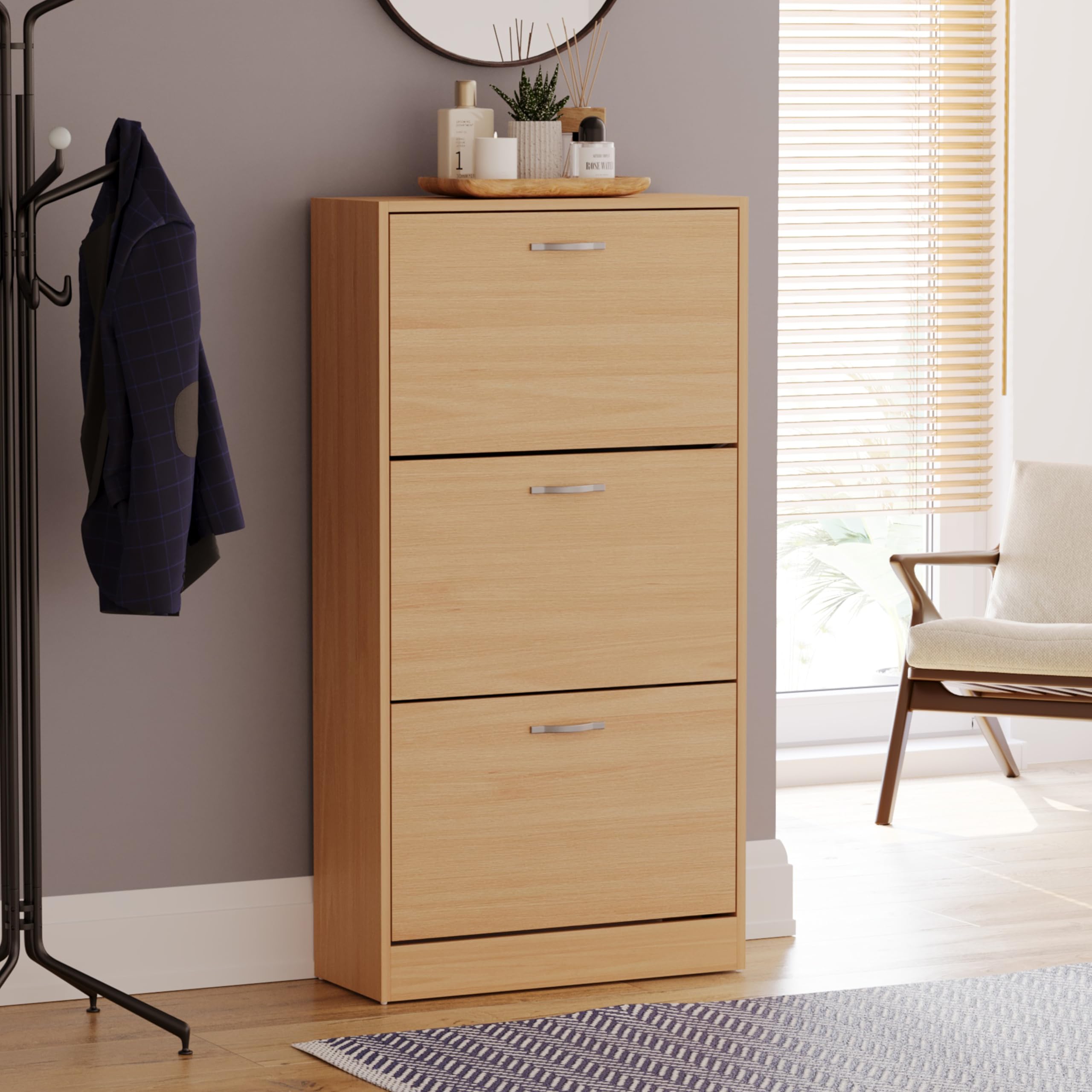 Vida Designs Wooden Shoe Cabinet - 3 Pull-Down Drawers | Slim Space-Saving Design | Pine 2